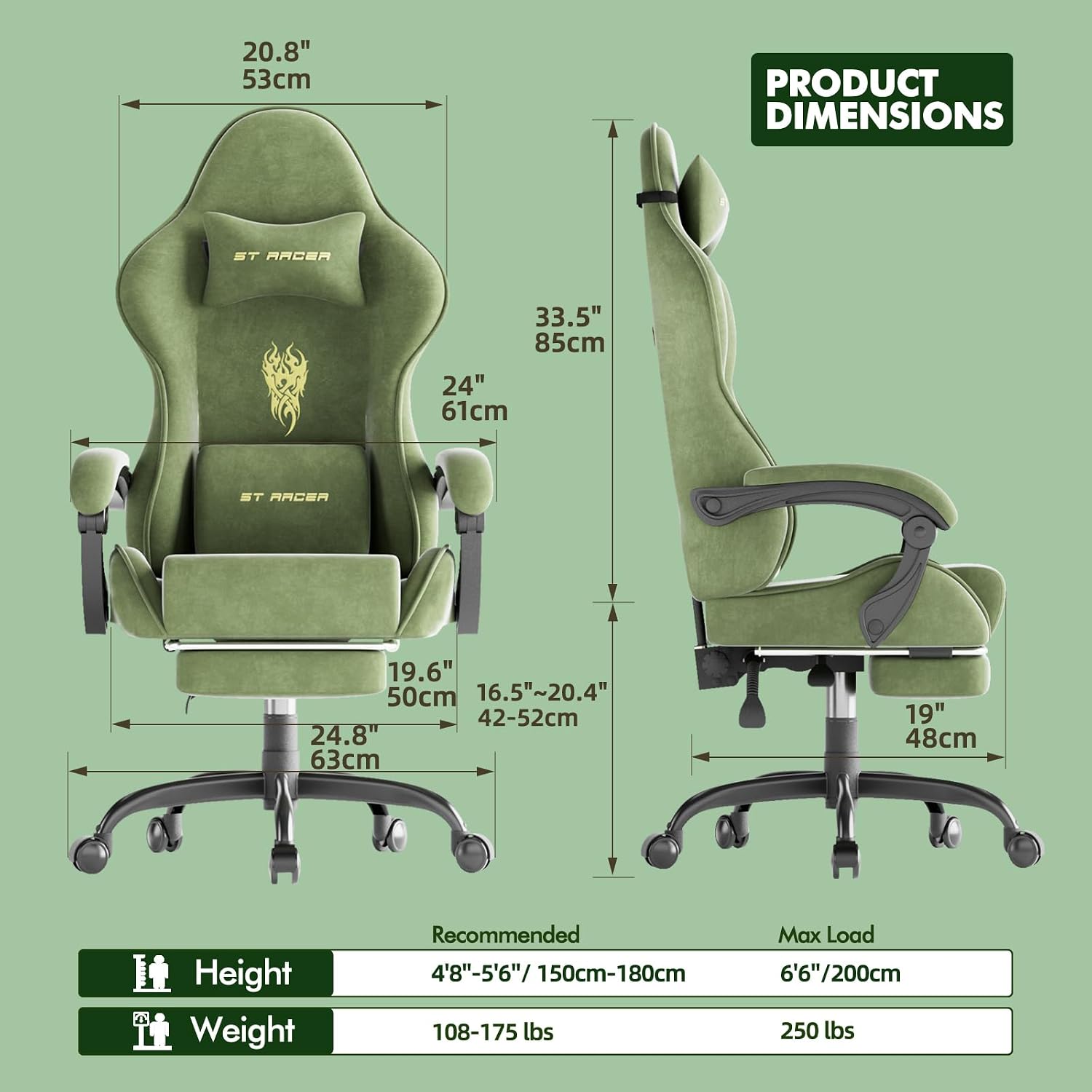 Huracan Velvet Fabric Racing Gaming Chair for Adults - Ergonomic Gamer Chair with Massage Lumbar, Footrest & Spring Cushion | Home Office/Video Game Chair, Green