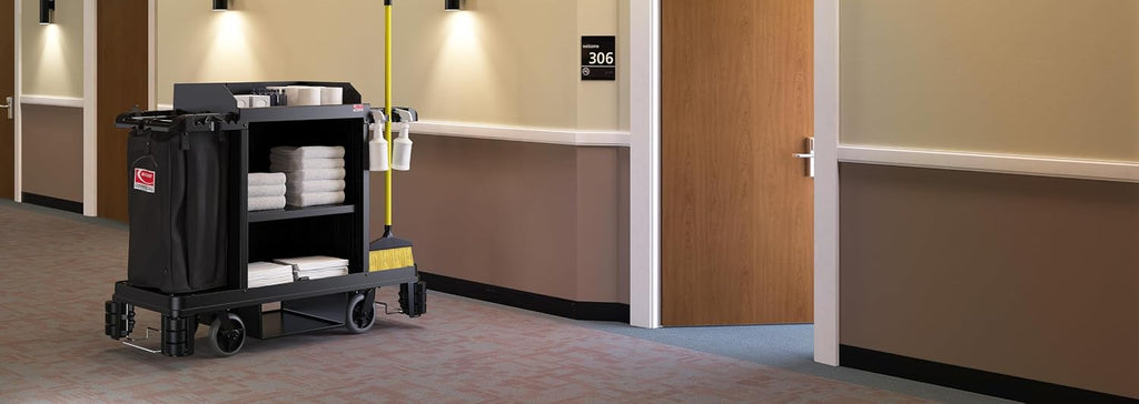 Suncast Commercial Standard Housekeeping Cart with Hanging Bag, Integrated Cleaning Tool Storage, 4-Tier Design, 56' Height x 22' Width, Made in The USA
