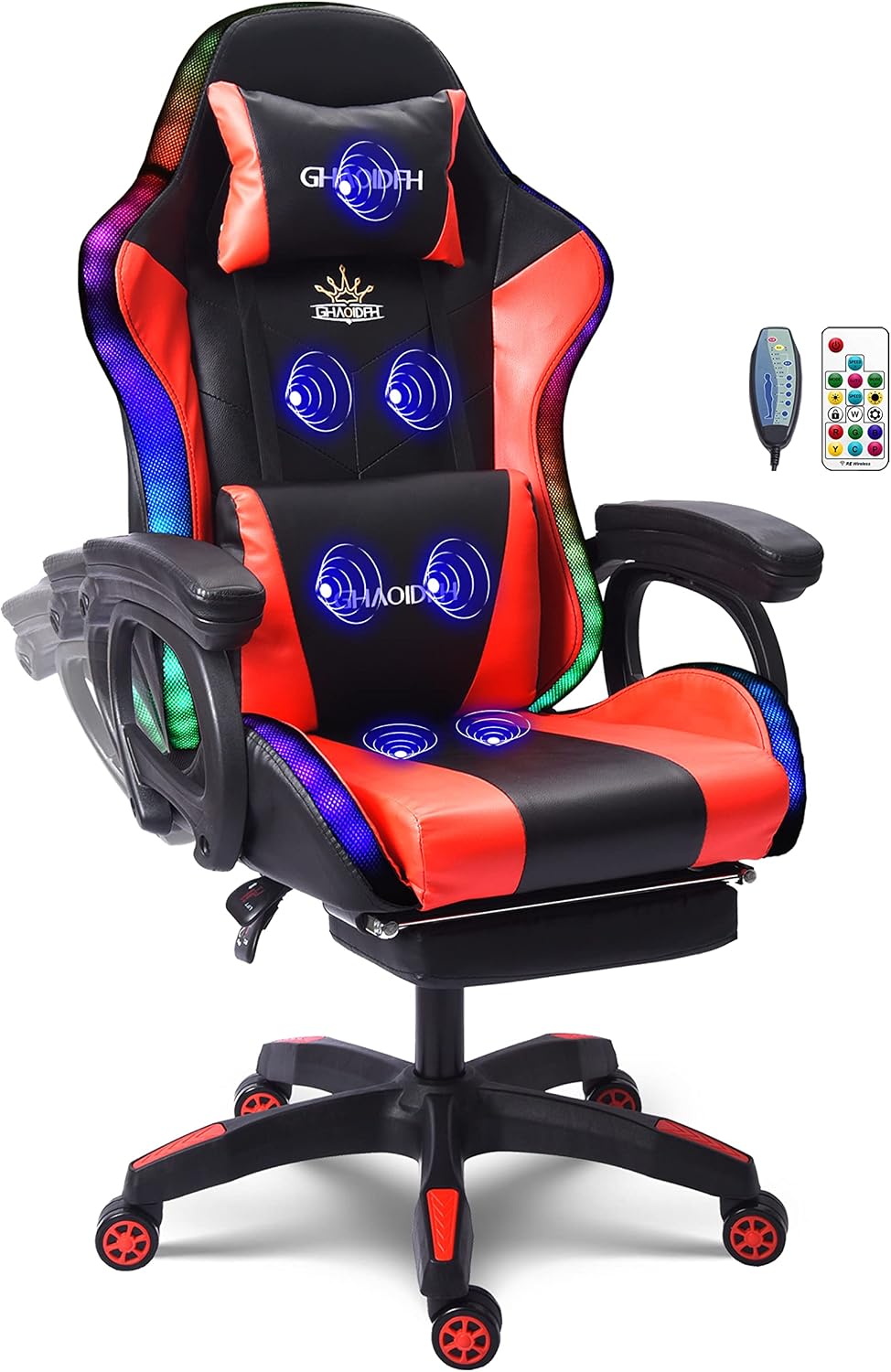 Ergonomic Gaming Chair with Massage and Speaker, Gaming Chair with Footrest Headrest and Lumbar Support, Racing Chair with RGB Lights, Gaming Chair for Kids,Gaming Chair for Adults.,Red