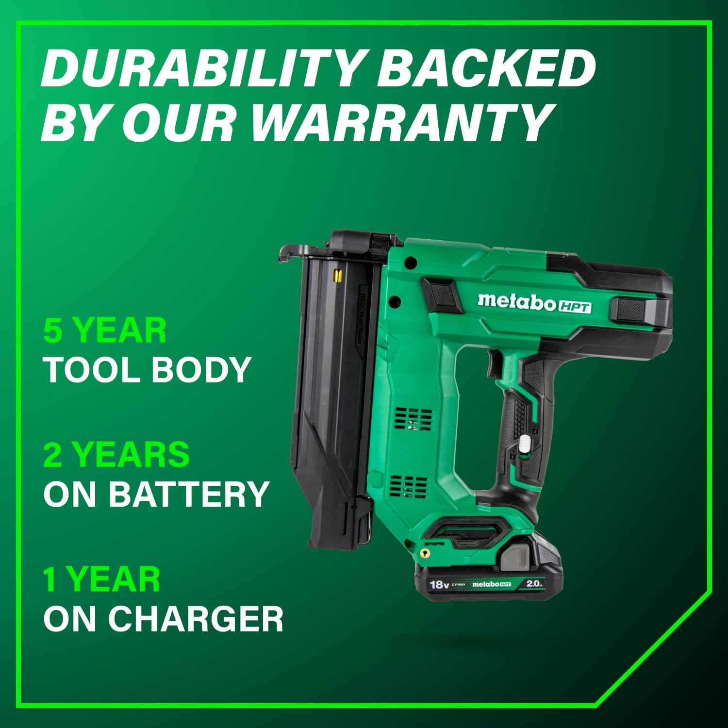 Metabo HPT 18V MultiVolt Compact Cordless Brad Nailer Kit, 18 Gauge Nailer with Power Tool 2.0Ah Lithium Ion Battery, Drives 5/8' to 2' Brad Nails, 700 per Charge, NT1850DG
