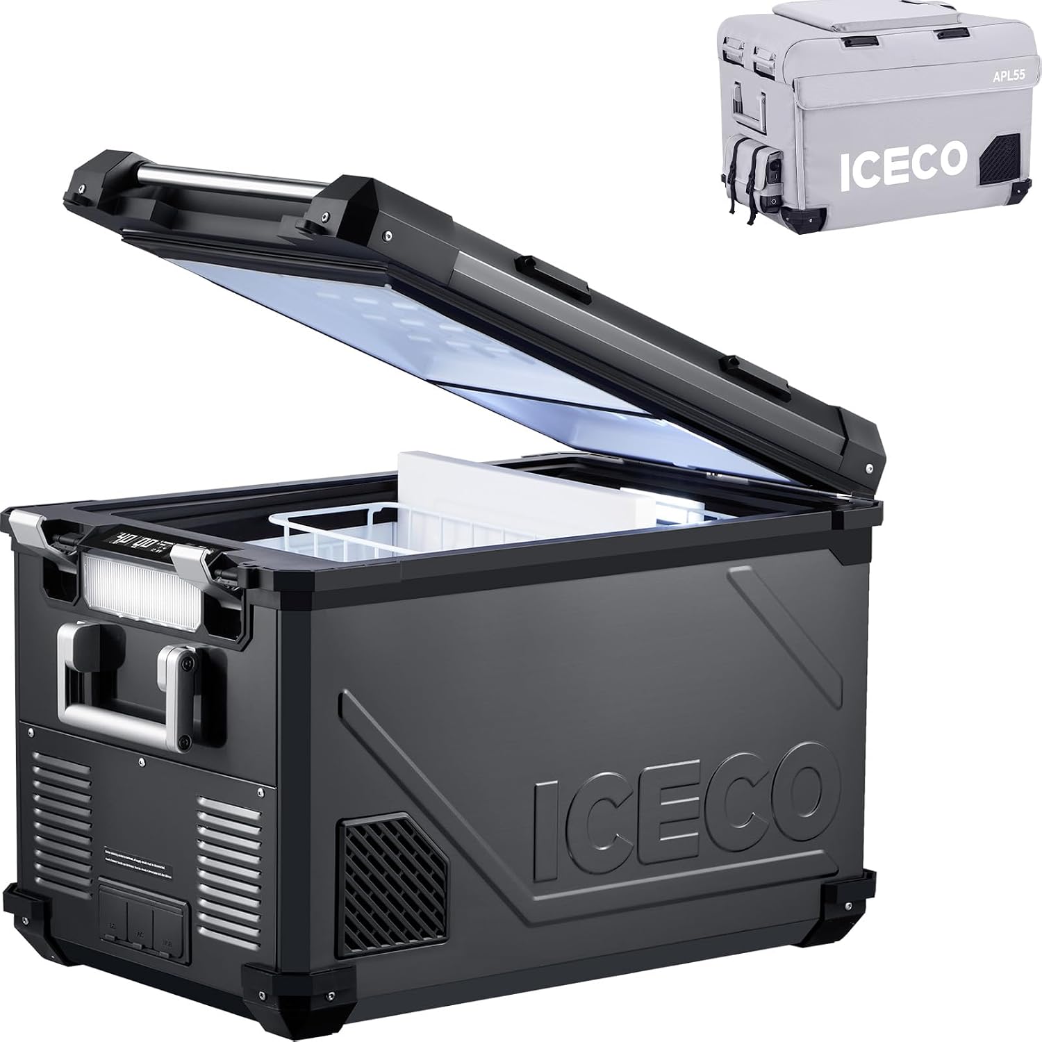 ICECO APL55 12Volt Car Refrigerator, 58Qt Dual Zone Portable Freezer Powered by SECOP, APP Connect, -4℉~68℉, DC 12/24V, AC 110-240V, 12v Fridge Freezer for Outdoor, Car, Travel |Black + Insulation Bag