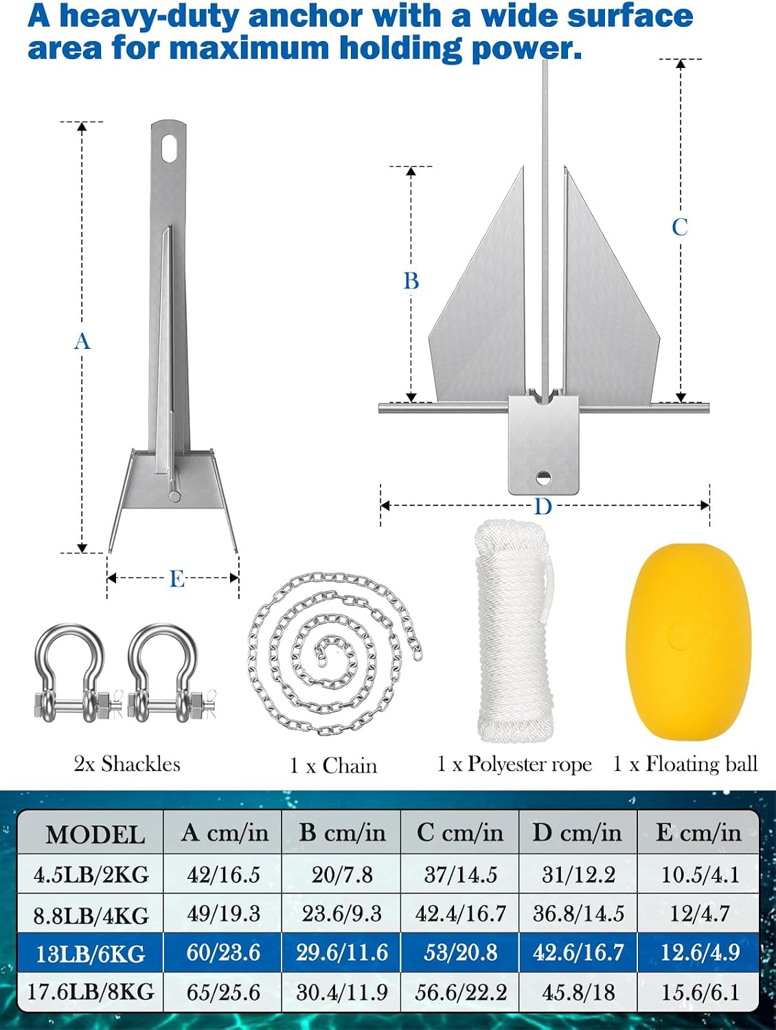 Boat Anchor Kit, 4 Sizes Fluke Anchor with Float, Chain, Rope, Hot-Dipped Galvanized Steel Anchor for Watercraft Up to 38FT