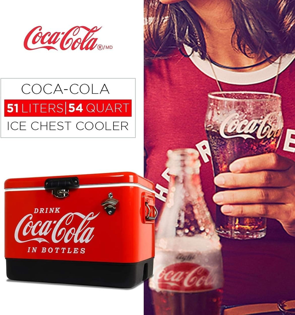 Coca-Cola Ice Chest Cooler - Portable Ice Bucket with Bottle Opener, Vintage Style, Insulated for Camping, Beach, Picnic, RV, BBQs, Tailgating, Fishing, Stainless Steel 85 Can Ice Box, 51L (54 qt)