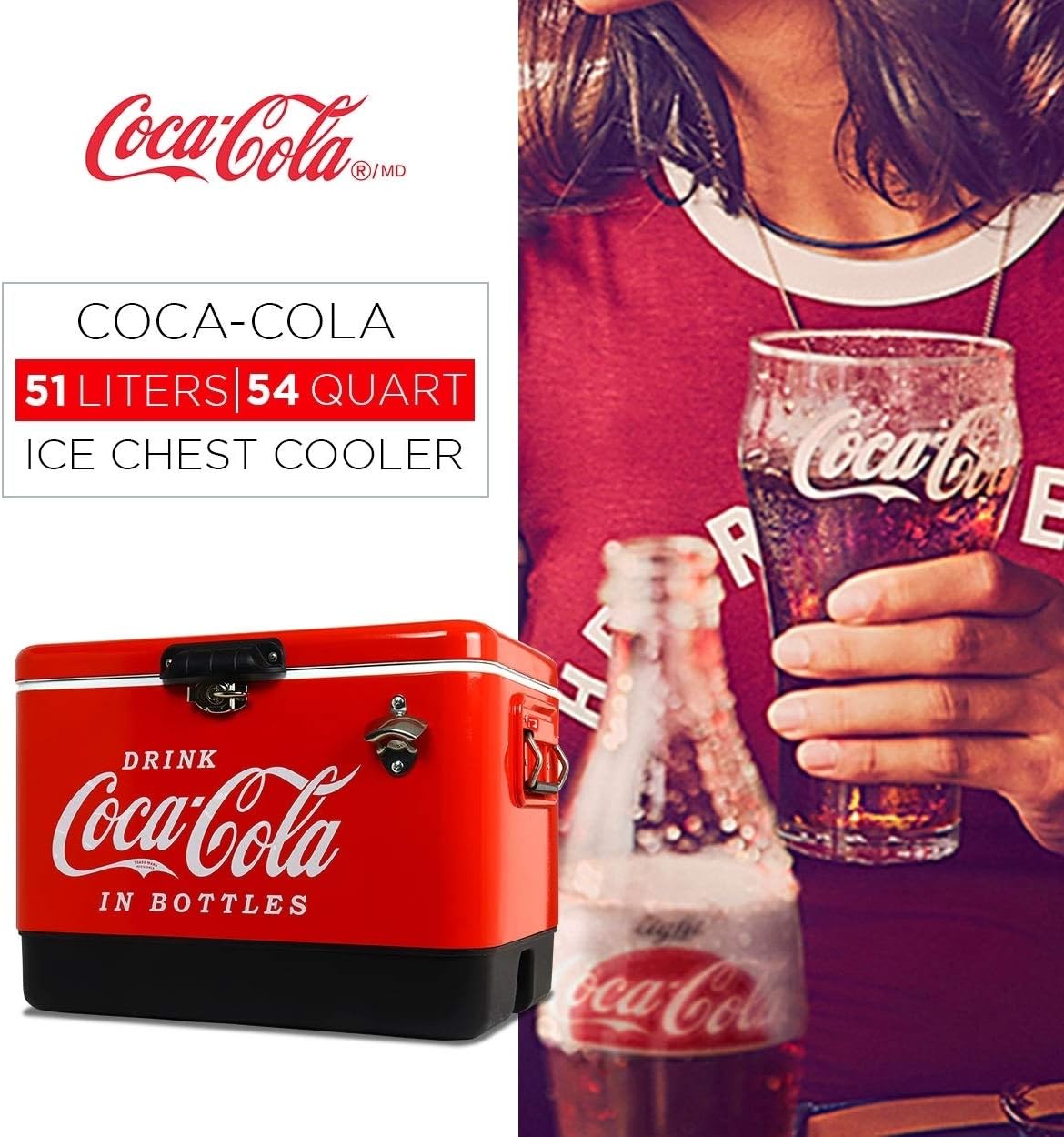 Coca-Cola Ice Chest Cooler - Portable Ice Bucket with Bottle Opener, Vintage Style, Insulated for Camping, Beach, Picnic, RV, BBQs, Tailgating, Fishing, Stainless Steel 85 Can Ice Box, 51L (54 qt)