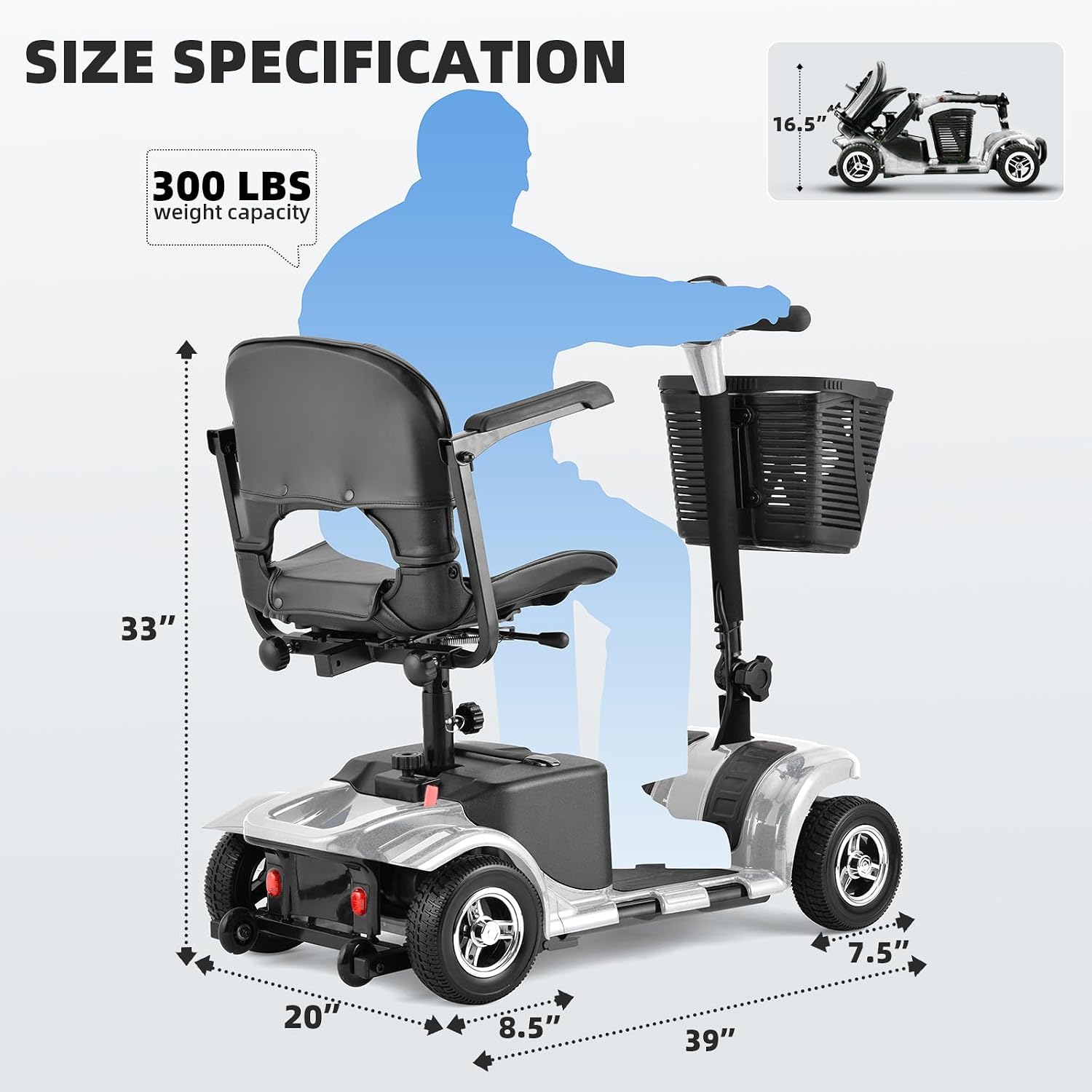 Mobility Scooter for Adults, Senior, 4 Wheels Electric Powered Chargeable Device for Travel, Lightweight and Portable, with LED Headlights and Basket, Charger Included, Red/Blue (Silver/Black)