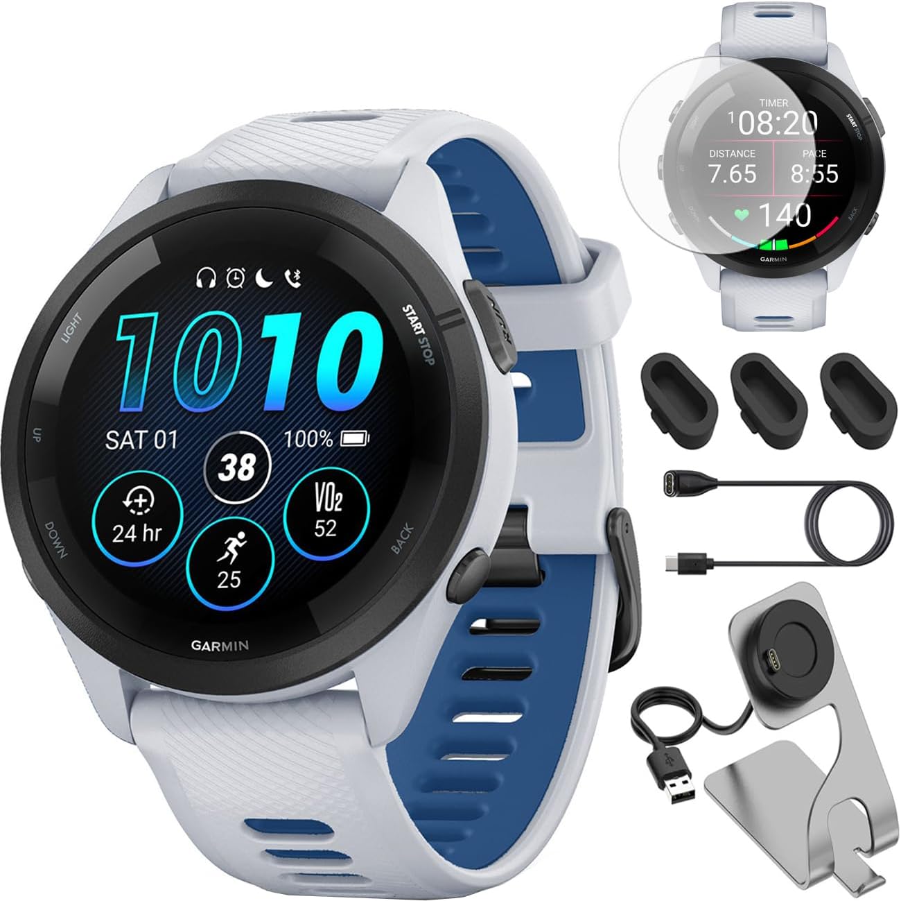Garmin Forerunner 265 GPS Smartwatch, Whitestone/Tidal Blue Bundle with Deco Essentials Charging Dock Venu 3 + Silicone Dust Cover + Round Tempered Glass Screen Protector
