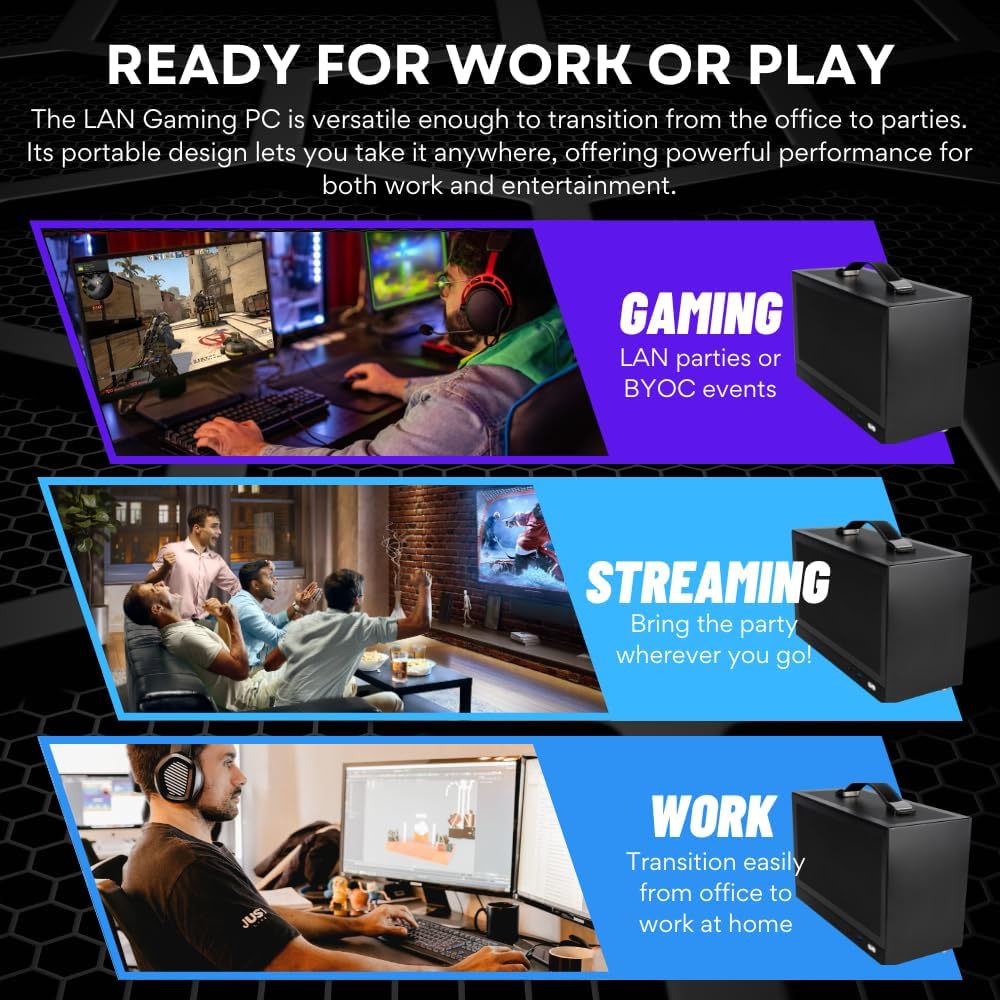 LAN Gamer RTX 5070 12GB, 8-Core AMD Ryzen 7 8700F, 32GB DDR5 RAM, 2TB Gen4 NVMe SSD, 8.1L Mini ITX SFF Desktop w/Windows 11 Pro, 3-Year Warranty, RGB Keyboard+Mouse, Internal Wi-Fi (Black)