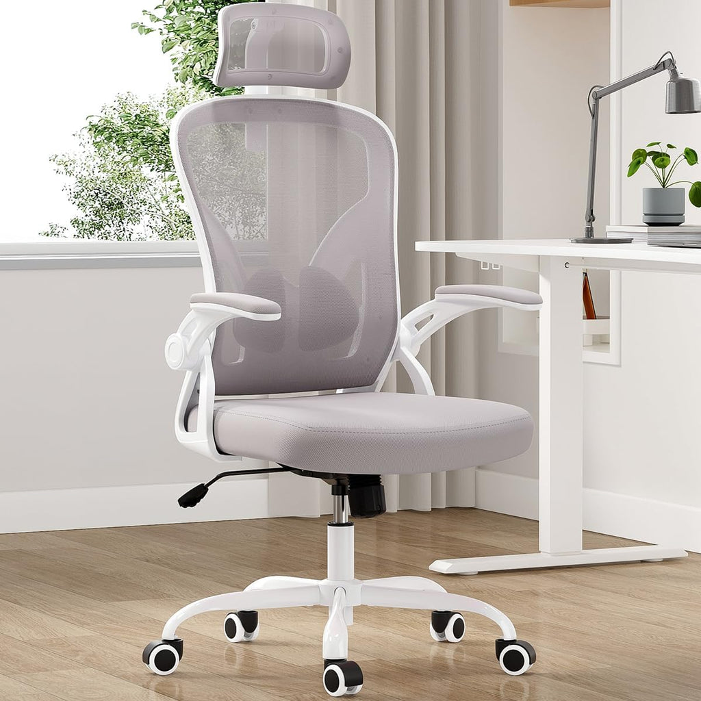 Farini Ergonomic Office Chair, Home Office Desk Chair with Headrest, High Back Swivel Computer Chair with Armrests and Adjustable Lumbar Support for Home Office Study Room, White & Gray