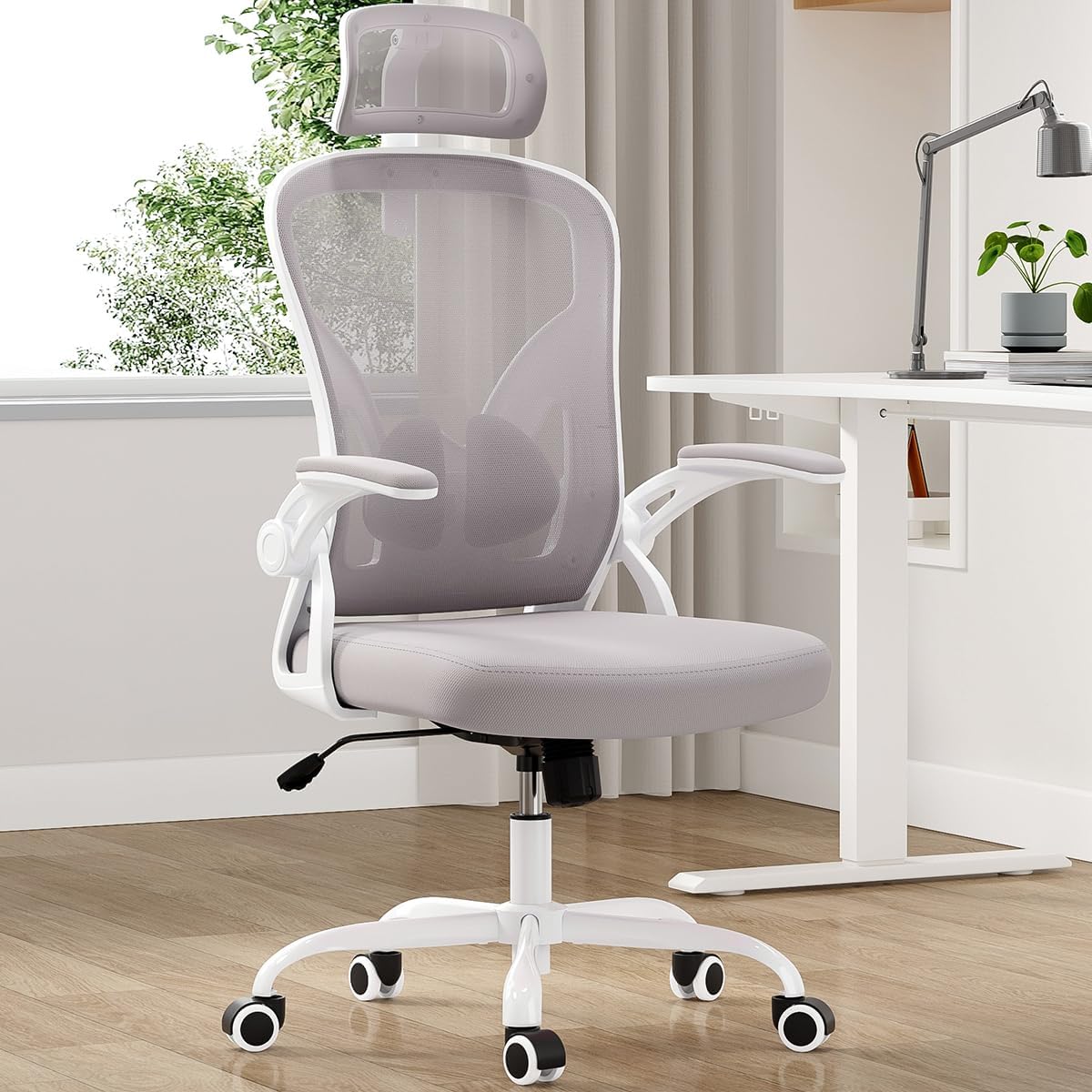 Farini Ergonomic Office Chair, Home Office Desk Chair with Headrest, High Back Swivel Computer Chair with Armrests and Adjustable Lumbar Support for Home Office Study Room, White & Gray