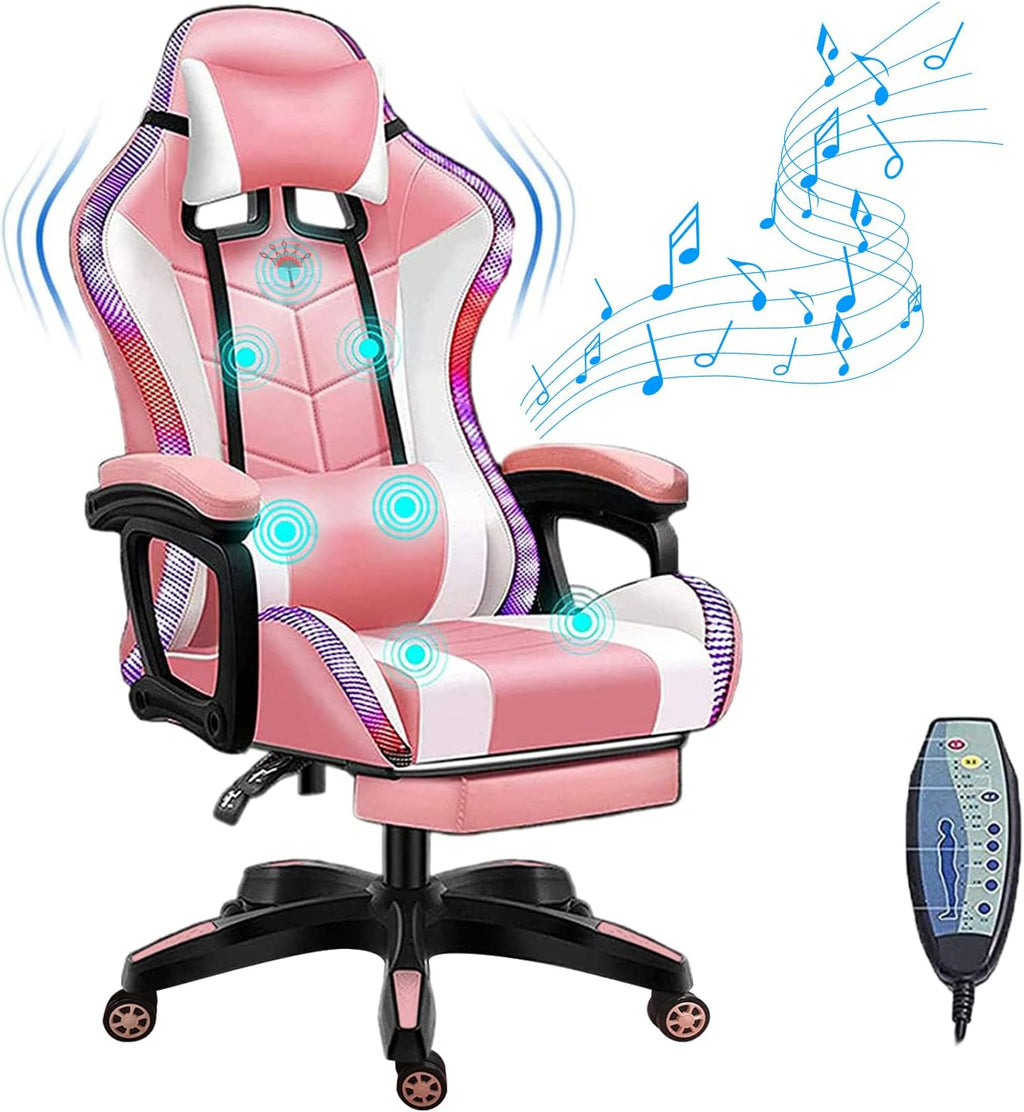 Massage Video Gaming Chair with Speakers, Ergonomic Recliner Computer Desk Chair, High Back PU Leather Office Chair Adjustable Swivel Reclining Chair with Lumbar Support and Footrest