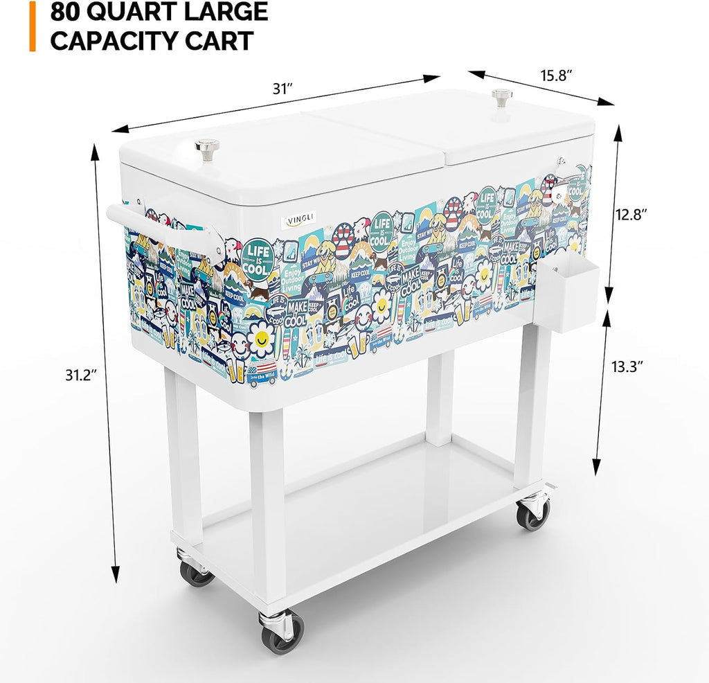 VINGLI Rolling Ice Chest, Portable Patio Party Bar Drink Cooler Cart, with Shelf, Beverage Pool with Bottle Opener