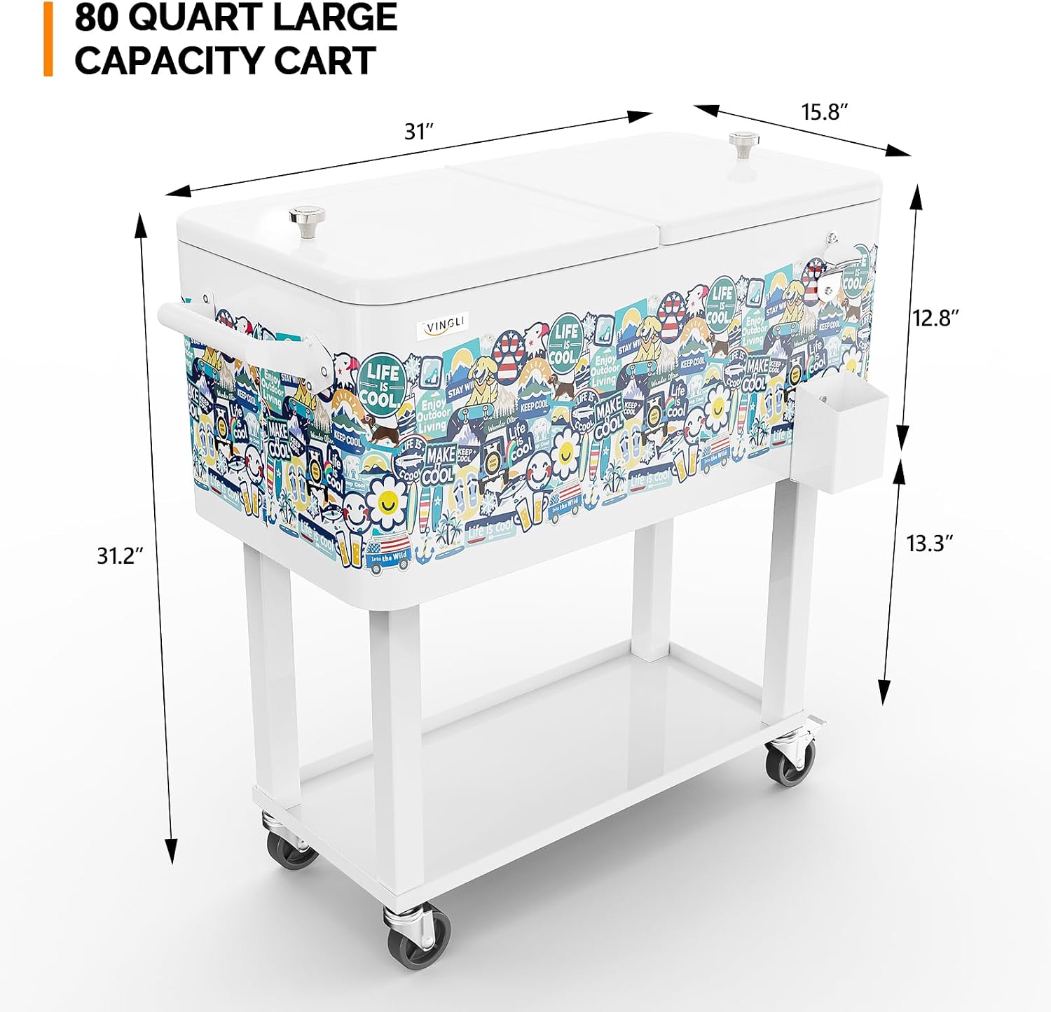 VINGLI Rolling Ice Chest, Portable Patio Party Bar Drink Cooler Cart, with Shelf, Beverage Pool with Bottle Opener