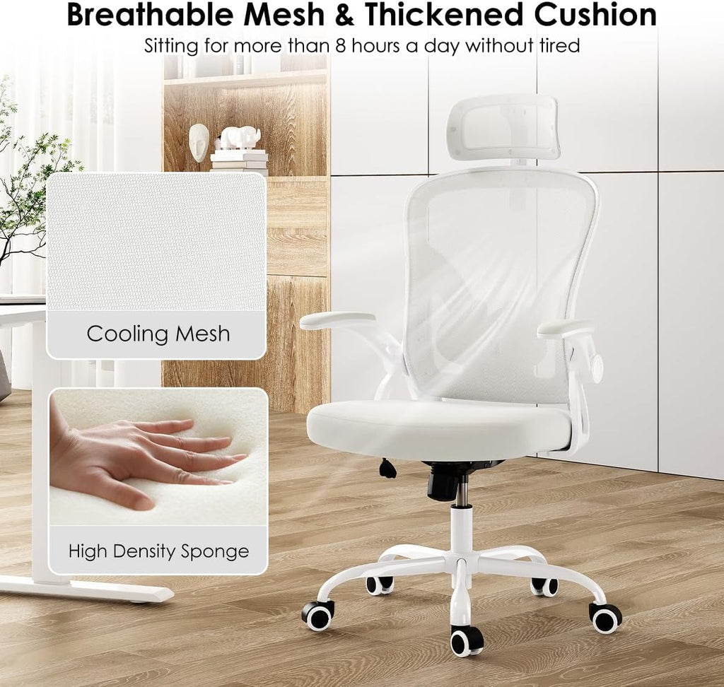 Farini Ergonomic Office Chair, Home Office Desk Chair with Headrest, High Back Swivel Computer Chair with Armrests and Adjustable Lumbar Support for Home Office Study Room, White & White