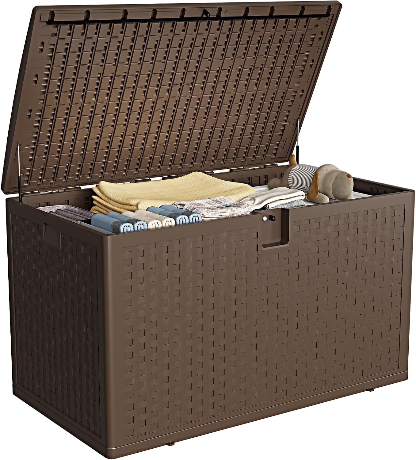 120 Gallon Indoor & Outdoor Storage Box, Lockable Resin Deck Boxes Waterproof with Lid& Side Handles for Garden Pool Accessories, Patio Cushions, Backyard Furniture,Brown.