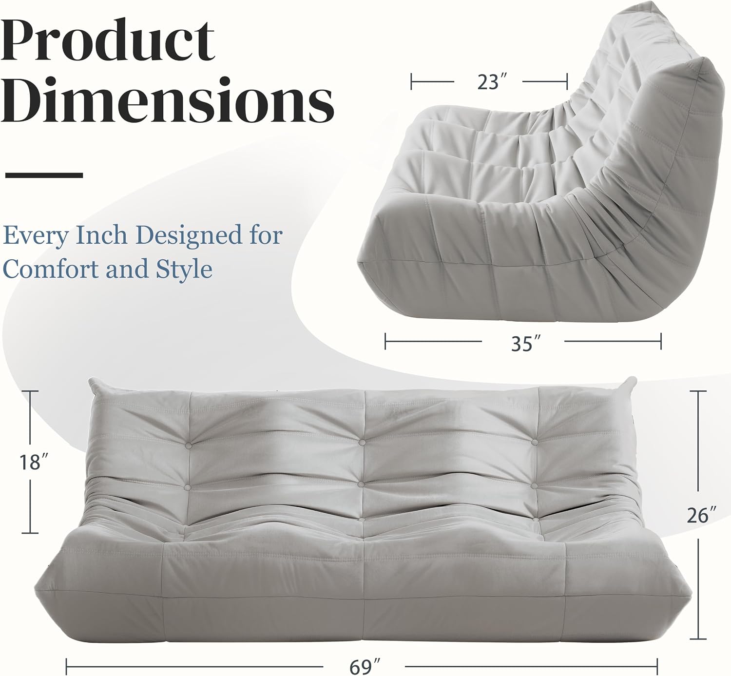 Bean Bag Chair, Large Fireside Chair Bean Bag Sofa for Adults, 3 Seater Bean Bag Chairs for Teens with High-Resilience Foam, Memory Foam Bean Bag for Living Room, Bedroom, Office (Suede, Light Gray)