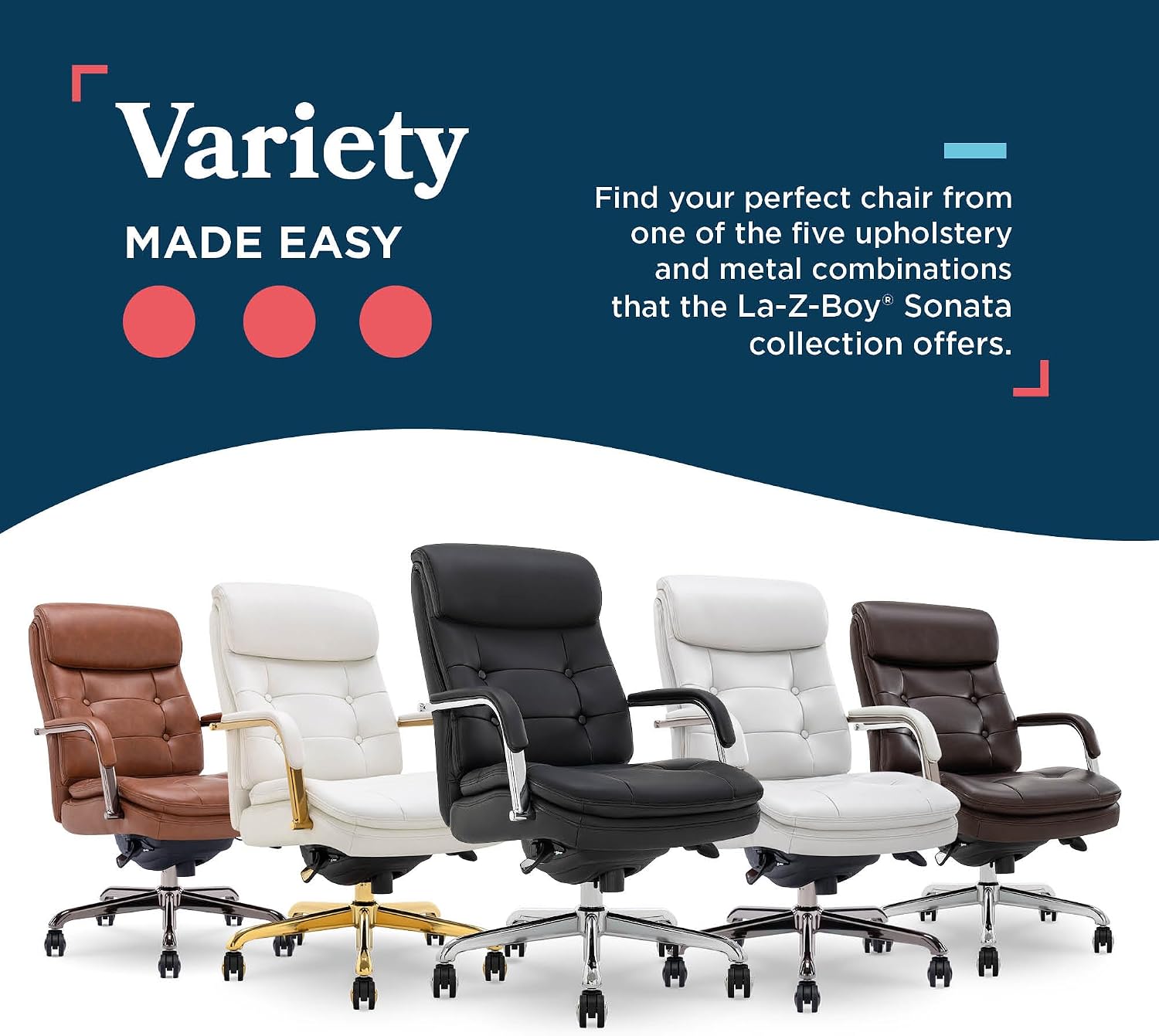 La-Z-Boy Sonata Executive Mid-Back Office Chair, Button-Tufted Seat and Back, Double-Layer Cushion, Padded Armrests, Ergonomic Computer DeskChair, Swivel Metal Base, Bonded Leather, Black/Chrome
