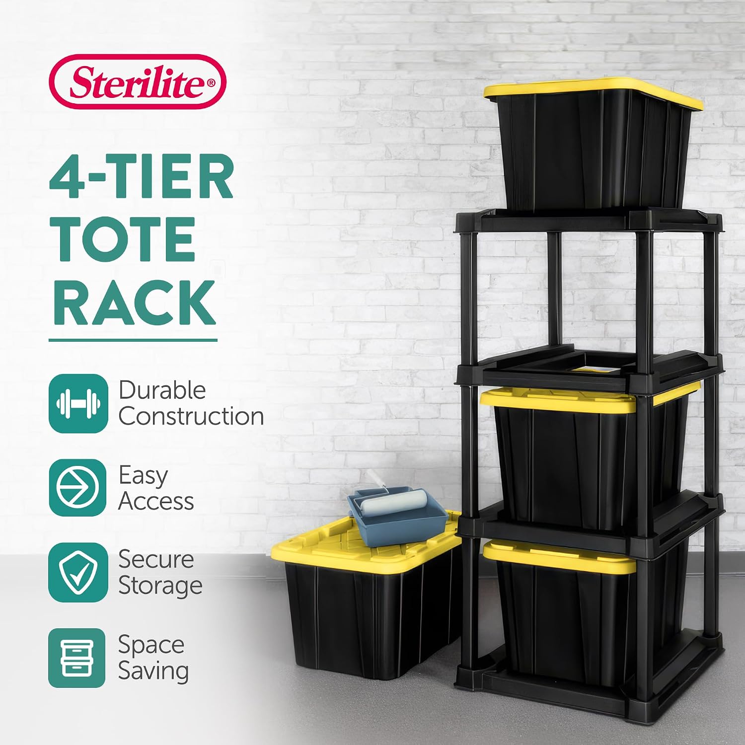 Sterilite 4 Tier Tote Rack, Vertical Plastic Organizer with 4 Pack 27 Gallon Industrial Storage Totes, Black - for Garages, Workshops, or Basements