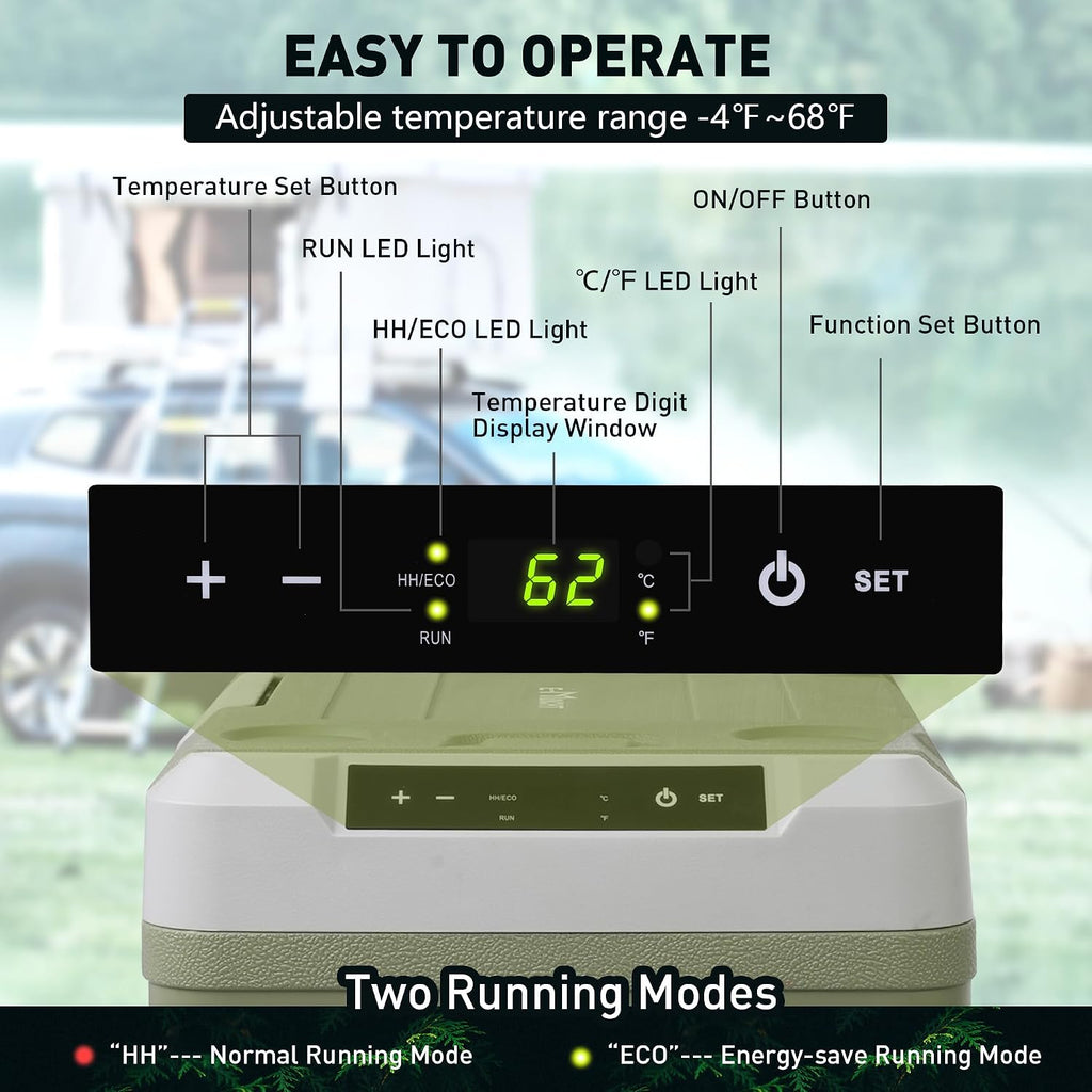 Portable 50L Car Refrigerator with Wheels & Pull Rod - Temperature Display (-4℉-68℉) electric coolers for vehicles, 12/24V DC & 100-240V AC - Ideal Car Freezer for Camping, RV, Home & Outdoor