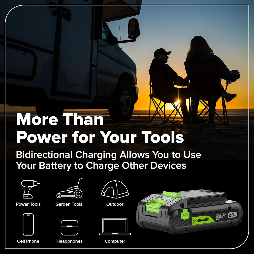 Greenworks 24V Cordless Brushless 400 in-lbs Drill/Driver+1950 in-lbs Impact Driver Combo,High Torque, Lightweight, (2) 2.0Ah USB-C Batteries(12,000mAh Power Bank) and 65W USB-C Fast Charger(3-Port)