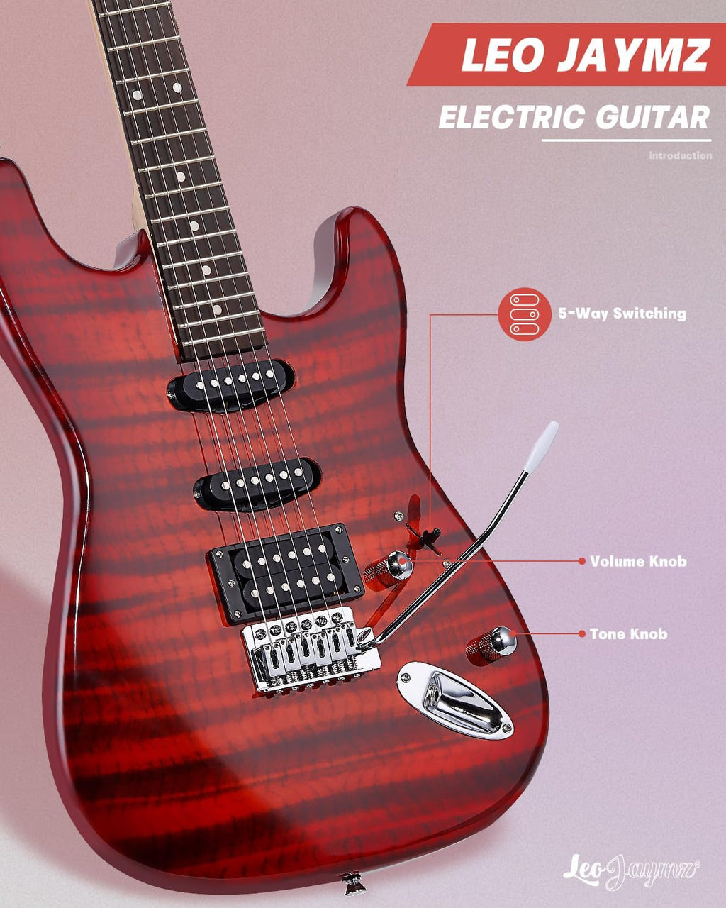 Leo Jaymz 39' Full Size ST Style Electric Guitar Starter Kit with SSH Pickup, 5W Portable Amp, Tuner, Gig Bag, Strap & Accessories (Red Flame)