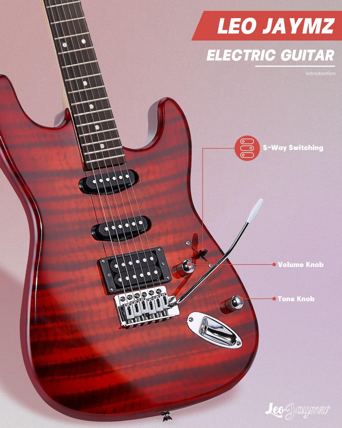 Leo Jaymz 39' Full Size ST Style Electric Guitar Starter Kit with SSH Pickup, 5W Portable Amp, Tuner, Gig Bag, Strap & Accessories (Red Flame)