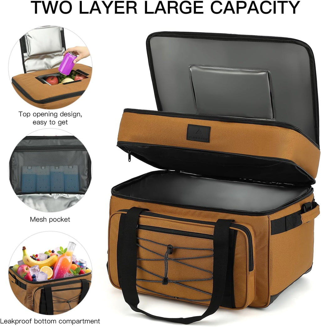 Extra Large Wheeled Portable Cooler Bag 85 Cans Double Deck Heavy Duty Rolling Insulated Cooler with All-Terrain Wheels Leakproof Tactical Soft Sided Cooler for Beach Camping Picnic Travel