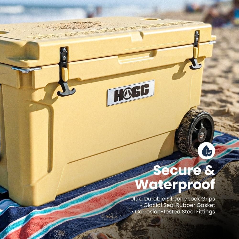 Ice Cooler with Wheels and Handle, Wheeled Cooler, Insulated Ice Chest with Wheels and Handle for Fishing and Camping with Dry Storage, Bottle Openers, and Cupholders