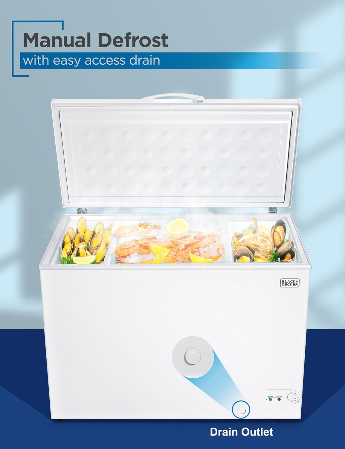 BLACK+DECKER 13 Cu. Ft. Chest Freezer, Deep Freezer with Top Opening, Freezer Chest with Removable Storage Basket, Mechanical Temperature Control, Manual Defrost, R600a Refrigerant,BCF1300E,White