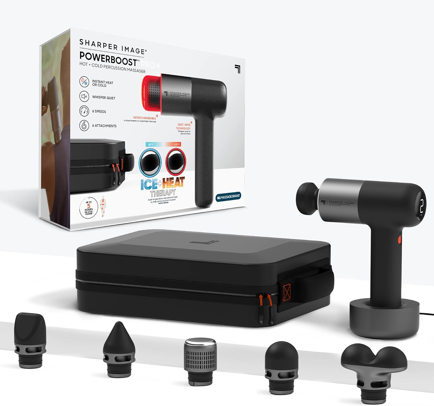 Sharper Image Deep Tissue Percussion Massage Gun, Powerboost Pro+ Hot & Cold Rechargeable Handheld Massager, 6 Adjustable Speeds, 6 Attachment Heads & Carrying Case, Muscle Pain Relief, Black
