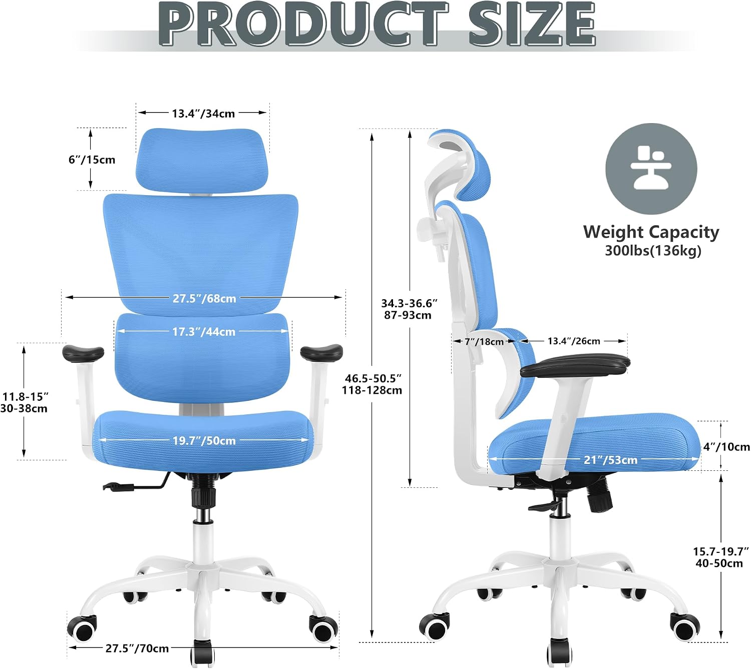 Winrise Office Chair Ergonomic Desk Chair, High Back Gaming Chair, Big and Tall Reclining chair Comfy Home Office Desk Chair Lumbar Support Breathable Mesh Computer Chair Adjustable Armrests(Sky Blue)