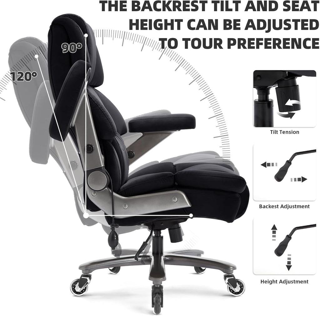 VUZI 700LBS Large Heavy Duty Office Chair with 3D Flip Arms, Big and Tall Plus Size Fabric Executive Desk Chairs, High Back Extra Wide Computer Chair with Adjustable Lumbar Support, Sturdy Metal Base