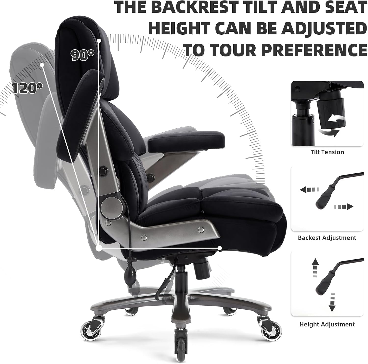 VUZI 700LBS Large Heavy Duty Office Chair with 3D Flip Arms, Big and Tall Plus Size Fabric Executive Desk Chairs, High Back Extra Wide Computer Chair with Adjustable Lumbar Support, Sturdy Metal Base