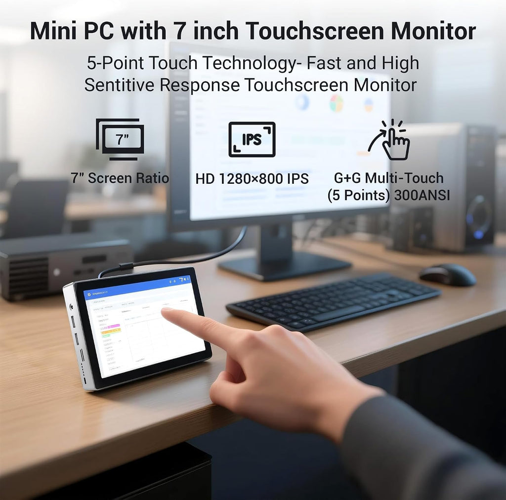 HEIGAOLA 7' Mini PC Celeron N95, Win11 Pro Mini Computer 16GB RAM 512GB eMMC, HD IPS Touchscreen Computer Desktop 4K Dual Display for Home/Office, HDMI/USB/WiFi5/BT5.0/Type-C/Dual Gigabit LAN