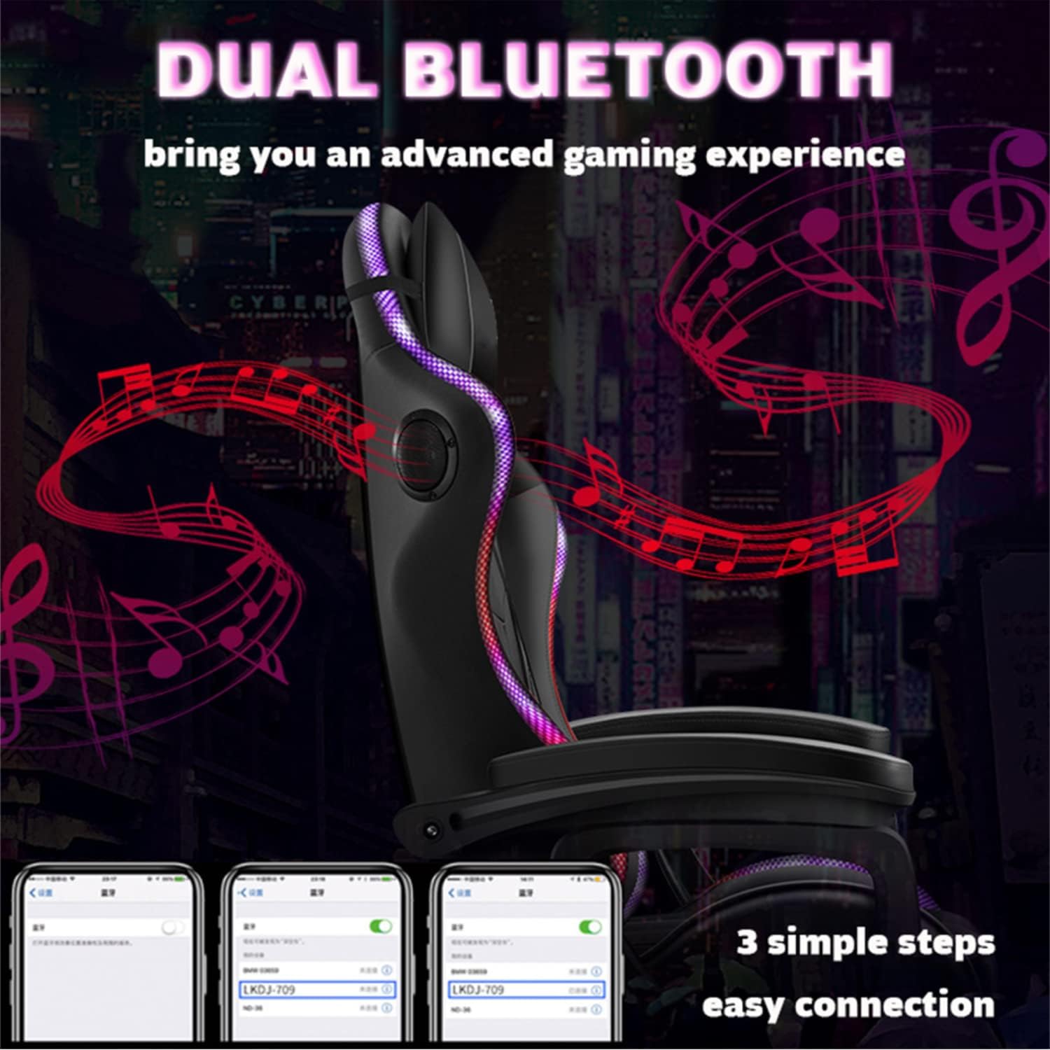 Gaming Chair with Speakers, LED Video Game Chair with Footrest, Ergonomic Game Chair with Full Massage Lumbar Support, Backrest Adjustable Reclining Gamer Chairs for Adults,Pink