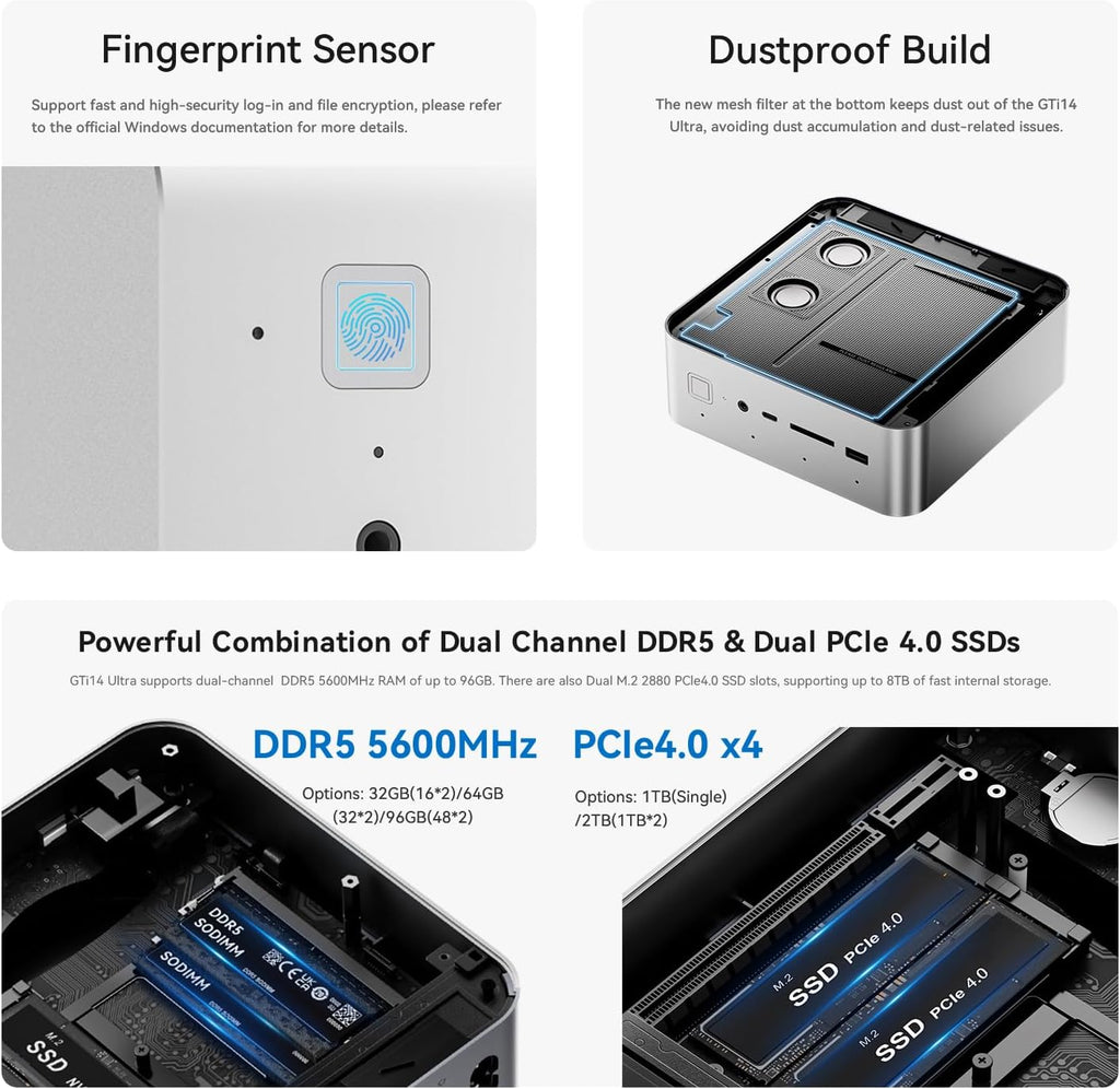 Beelink GTi14 AI Mini PC, Intel Ultra 9 185H (up to 5.1GHz) 16C/22T,32GB DDR5 5600MHz 1TB PCIe4.0x4 SSD,Mini Computer Support Triple Display/Dual 2.5G LAN/Thunderbolt 4/WiFi7/BT5.4/USB3.2