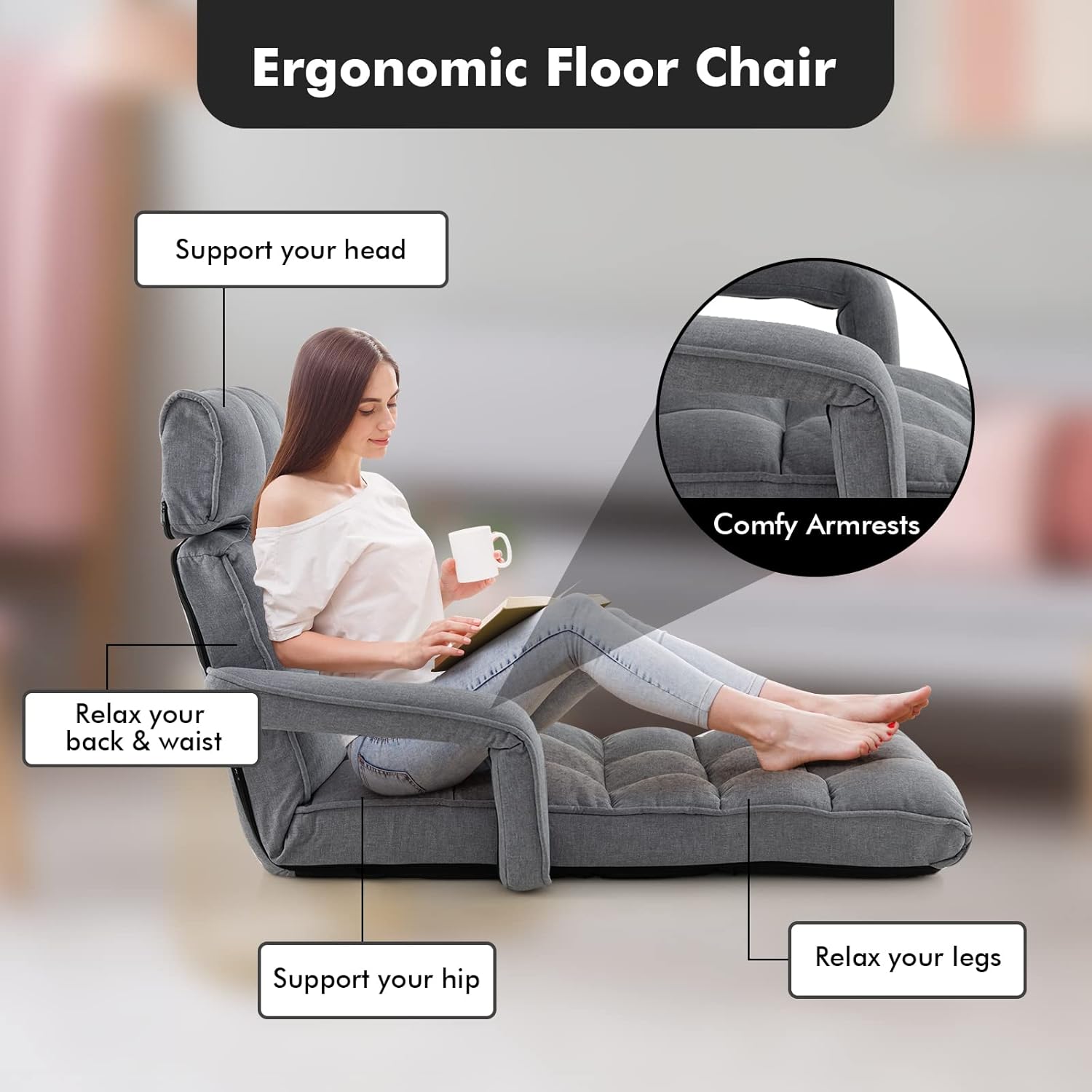 KOMFOTT Foldable Floor Lazy Sofa, Indoor Chaise Lounge Sofa with 6 Adjustable Positions, Folding Chair Bed with Adjustable Armrests, Backrest & Footrest, Ideal for Living Room, Bedroom (Grey)