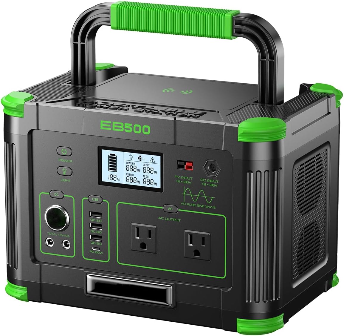 500W Portable Power Station, 519.48Wh Outdoor Solar Generator Backup Battery Pack with 2 110V AC Outlets, 500W (Peak 1000W) 10-Port Powerhouse for RV/Van Camping Fishing Climbing Road Home Emergency
