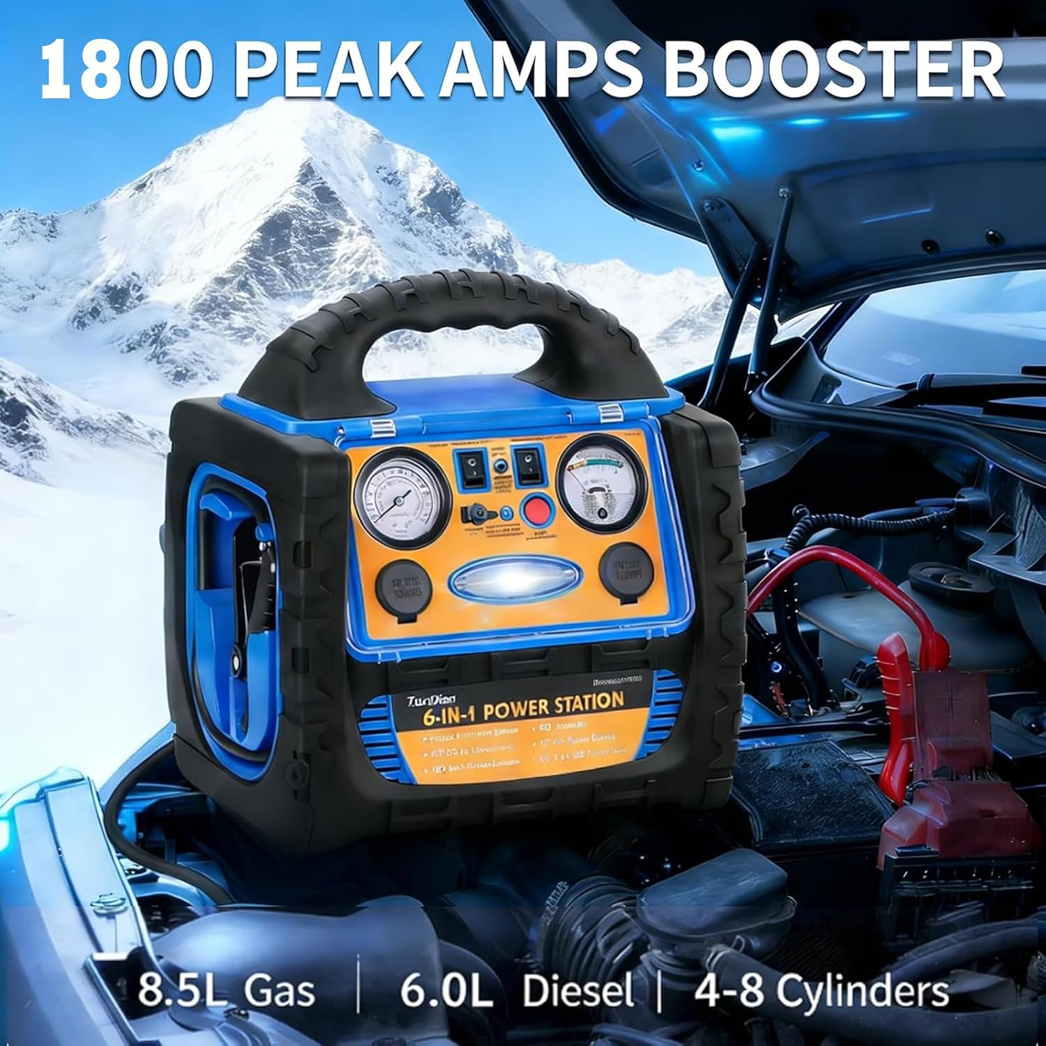 Car Jump Starter with Air Compressor 150PSI, 1800A Battery Charger Jump Box for Car (8.0L Gas/6L Diesel Engine), 12V Portable Battery Booster with 400W Inverter Power Station AC/DC/USB