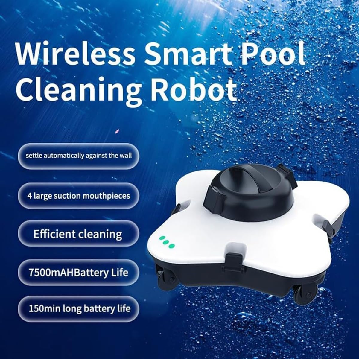 Automatic Pool Vacuum Cleaner,Cordless Pool Cleaner Robotic,Electric Pool Cleaning Robot,Lasts 120 Mins and 100㎡,7500mAh,Diving Depth 3M,for Indoor Outdoor Swimming Pools