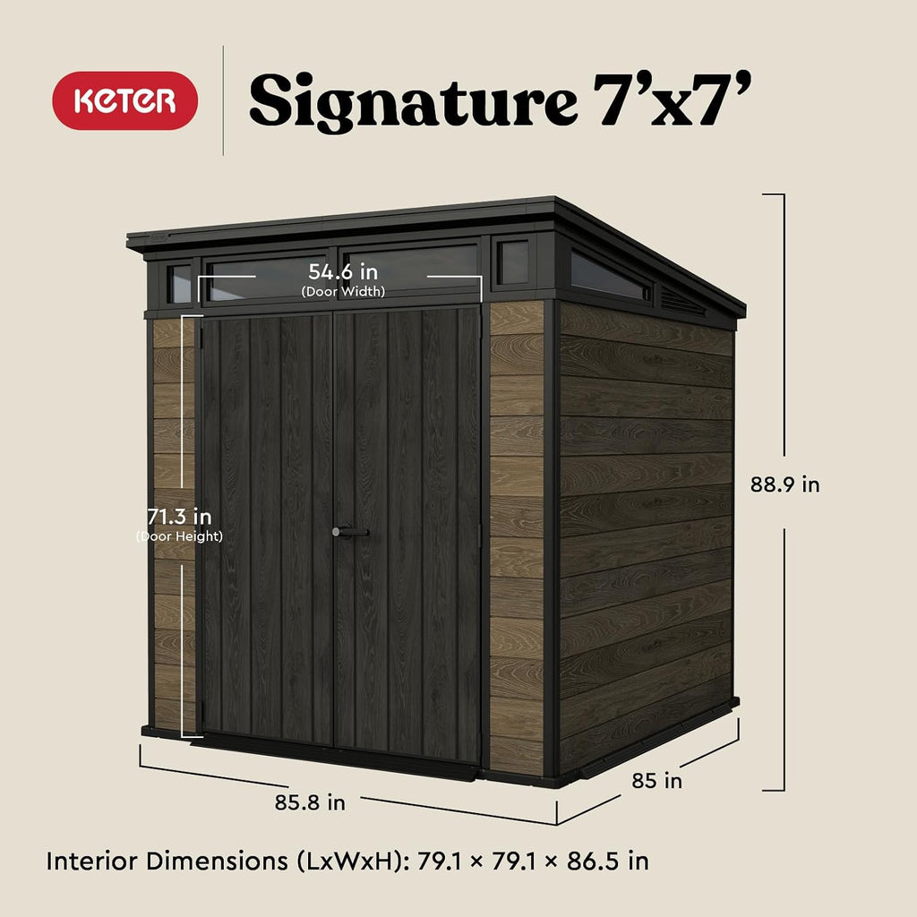 Keter Signature Collection 7x7 Ft All-Weather Storage Shed with Skylight, Window, Built-in Ventilation, & Lockable Double Doors, Walnut