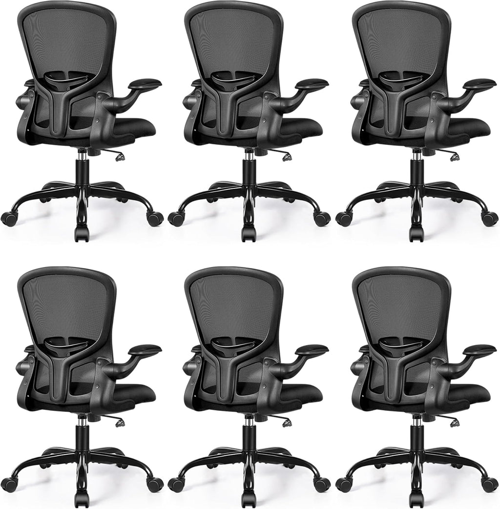 FelixKing Office Desk Chairs, Ergonomic PC Desk Chair with Wheels, Adjustable Lumbar Support and Height, Swivel Computer Chair with Flip-up Armrests, Ergo Mesh Backrest for Working (Black, Pack of 6)