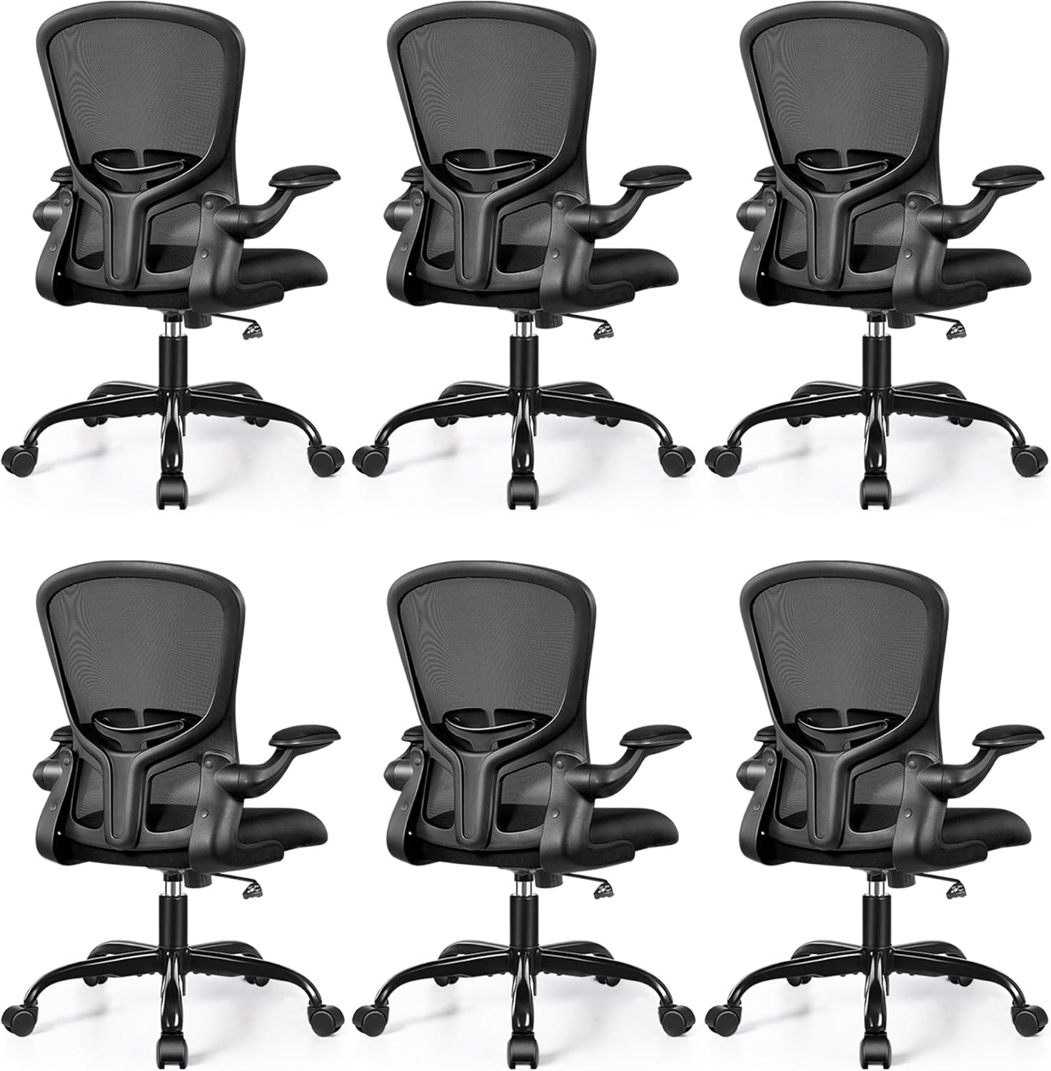 FelixKing Office Desk Chairs, Ergonomic PC Desk Chair with Wheels, Adjustable Lumbar Support and Height, Swivel Computer Chair with Flip-up Armrests, Ergo Mesh Backrest for Working (Black, Pack of 6)