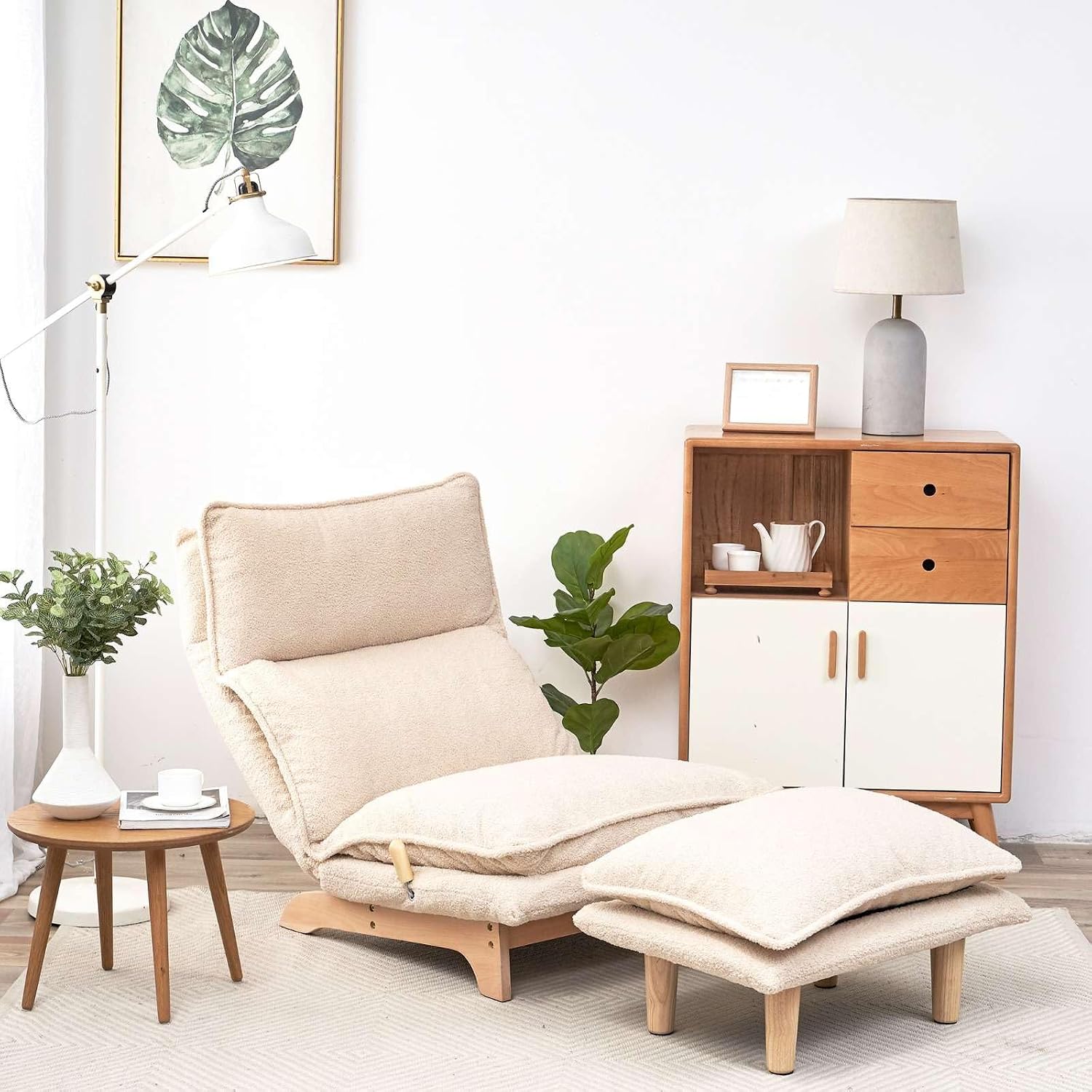 Floor Sofa Chair with Footrest, Upholstered Lazy Sofa Leisure Chair with Adjustable Backrest and Ottoman for Living Room, Bedroom, White