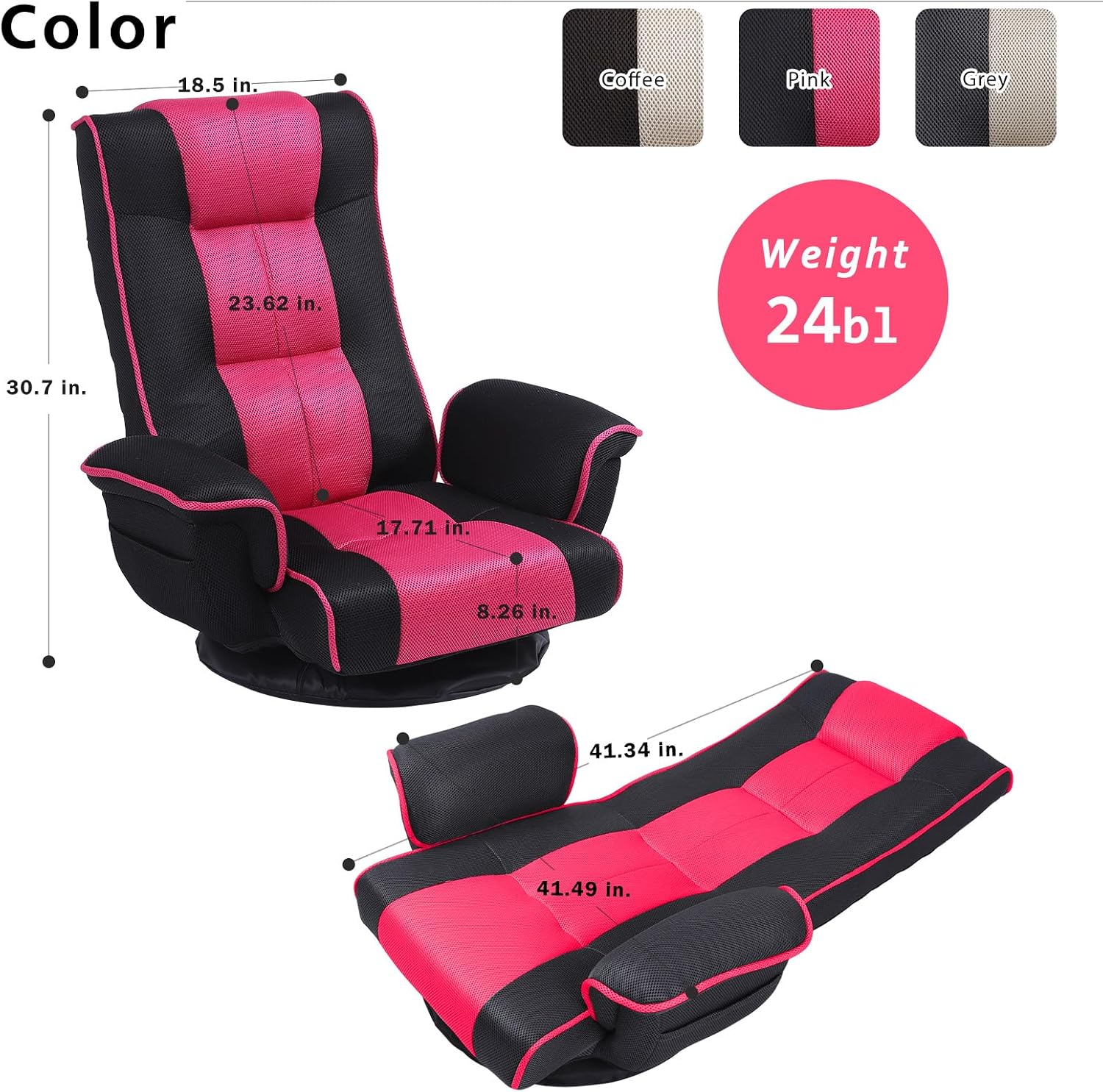 360 Degree Swivle Adjustable Floor Chair, Chaise Lounge Indoor, Folding Lazy Sofa with Armrests and Side Pocket Adults Gaming Chairs for Living Room, Bedroom Factory Price 201 (BK-RE)