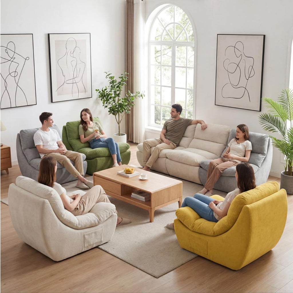 Comfy Reading Chair for Adults, Modular Sectional Sofa Bean Bag Chair, Cloud Boneless Couch Style with High Rebound Foam, Single Seat Compressible Sofa for Living Room & Bedroom, Beige