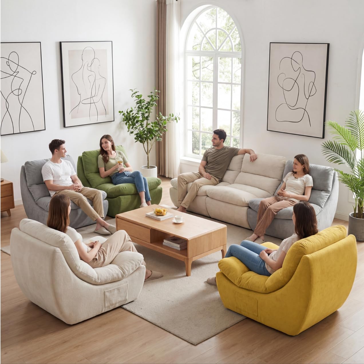Comfy Reading Chair for Adults, Modular Sectional Sofa Bean Bag Chair, Cloud Boneless Couch Style with High Rebound Foam, Single Seat Compressible Sofa for Living Room & Bedroom, Green