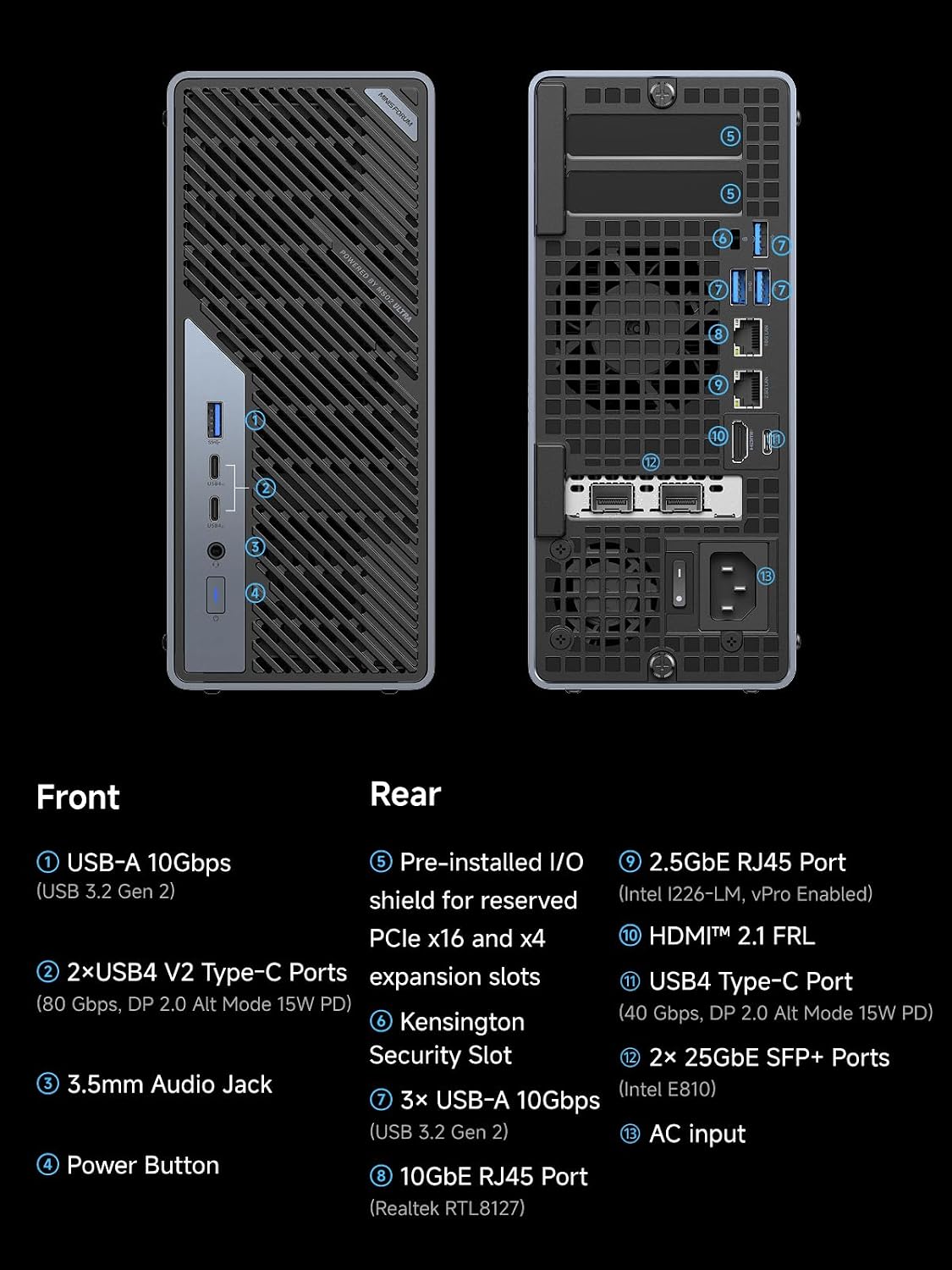 MINISFORUM MS-02 Ultra Mini Workstation Core Ultra 9 285HX(24C/24T, up to 5.5GHz) Barebone without RAM/SSD/OS, 2x25G SFP+, 1x10G + 1x2.5G RJ45, HDMI|2xUSB4 V2 Output, 4x DDR5 Slot, 4x SSD Slot Mini PC