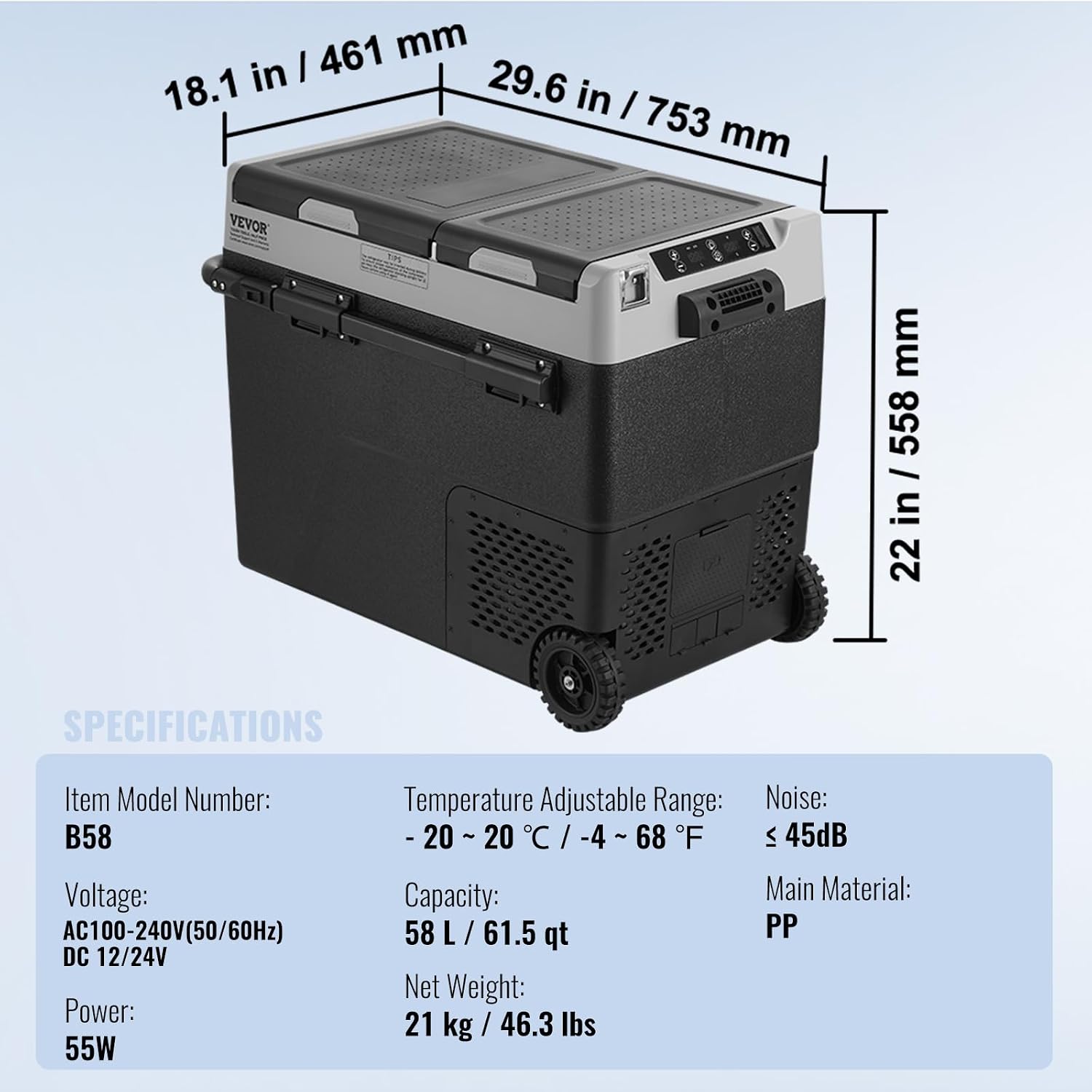 VEVOR Car Refrigerator 58L / 61.5 QT, Dual Zone 12 Volt Compressor Fridge, -4℉ to 68℉ Adjustable, Portable Freezer Cooler for Car, RV, Camping, Home