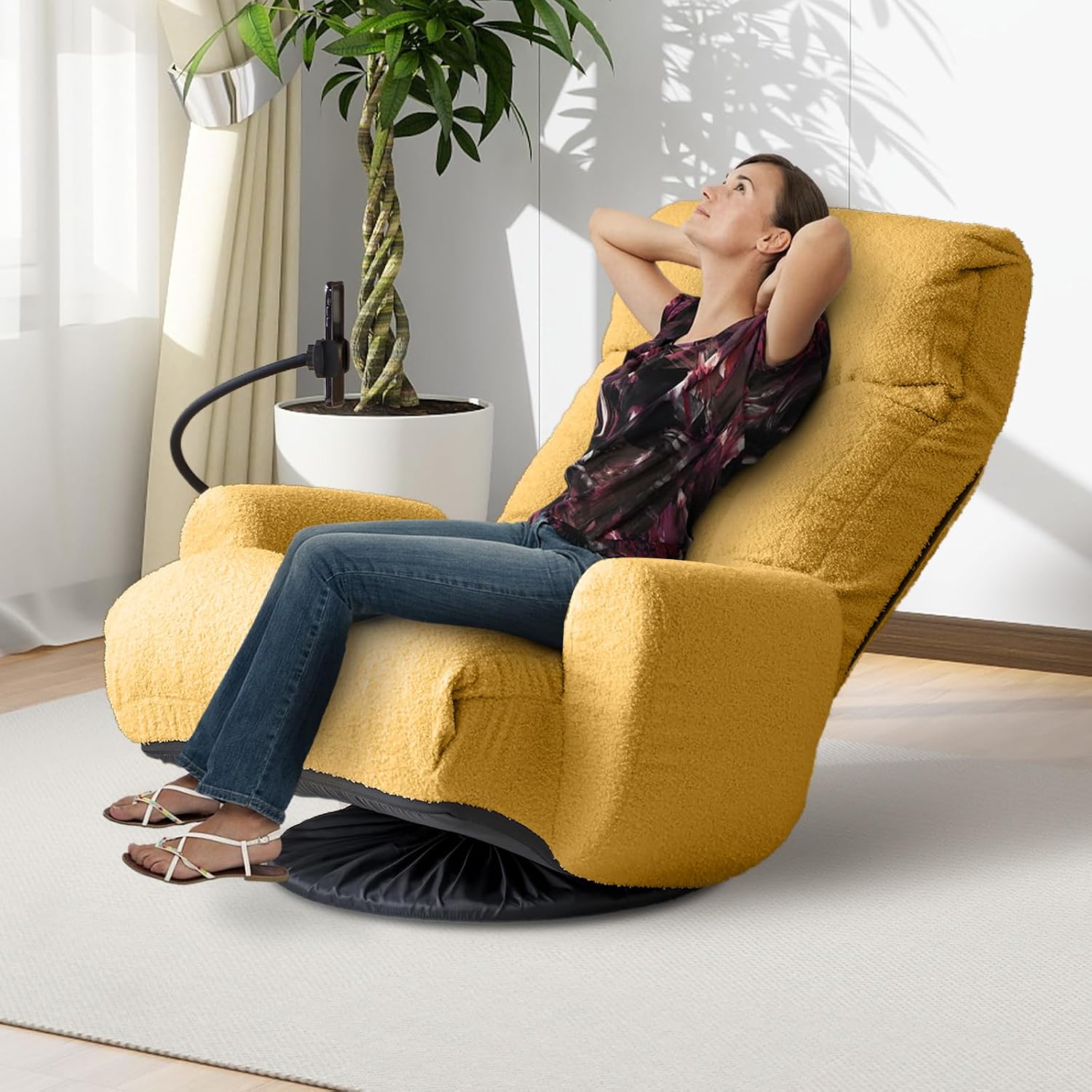 360° Swivel Floor Gaming Chair Teddy Folding Lounge Chair Sofa Chair with Adjustable Head and Waist, Armrests & Phone Holder, Padded Cushion Leisure Chairs for Living Room Bedroom (Yellow)
