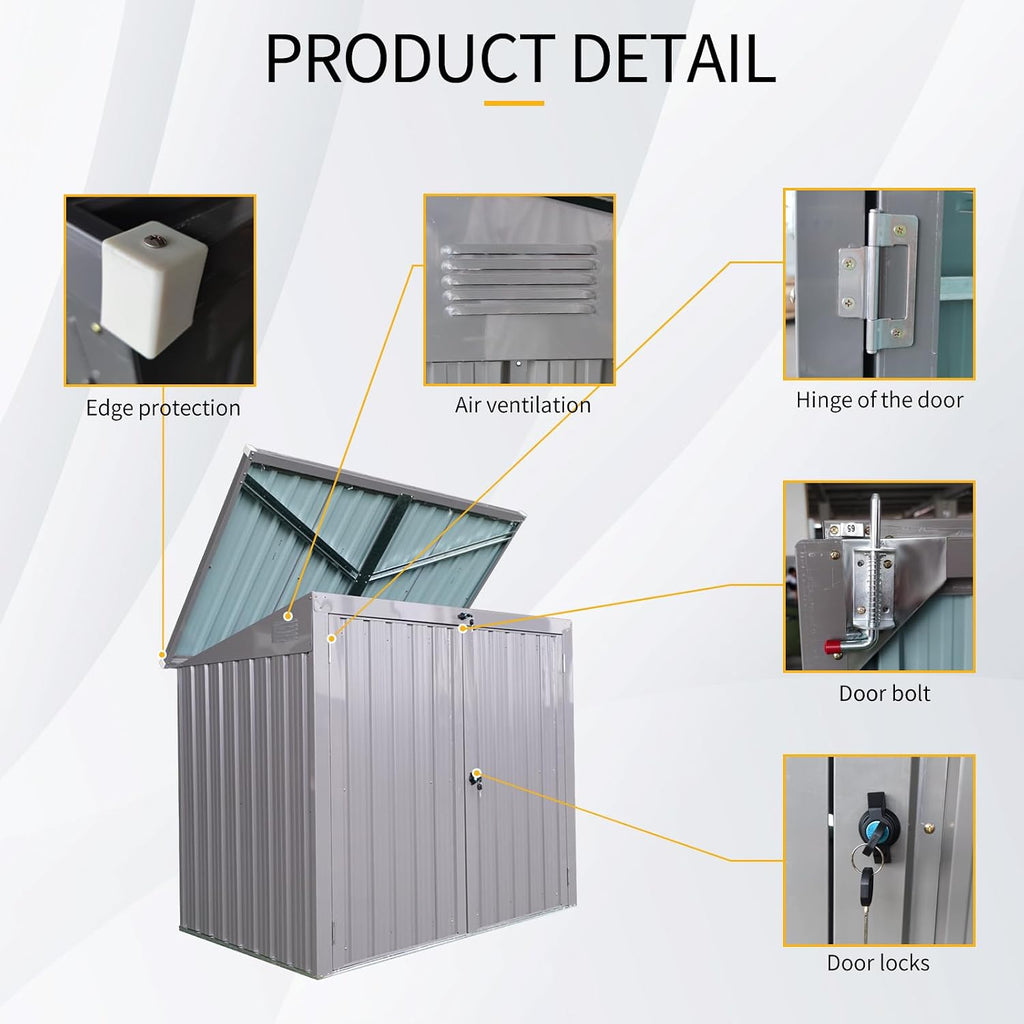 Metal Outdoor Garbage Bin Shed Storage Enclosure for Two 64-Gallon Carts, Lockable Door, Sloped Roof, Waterproof UV-Protected Galvanized Steel Walls, Utility Tool Bike Firewood Pet House Use (Grey)